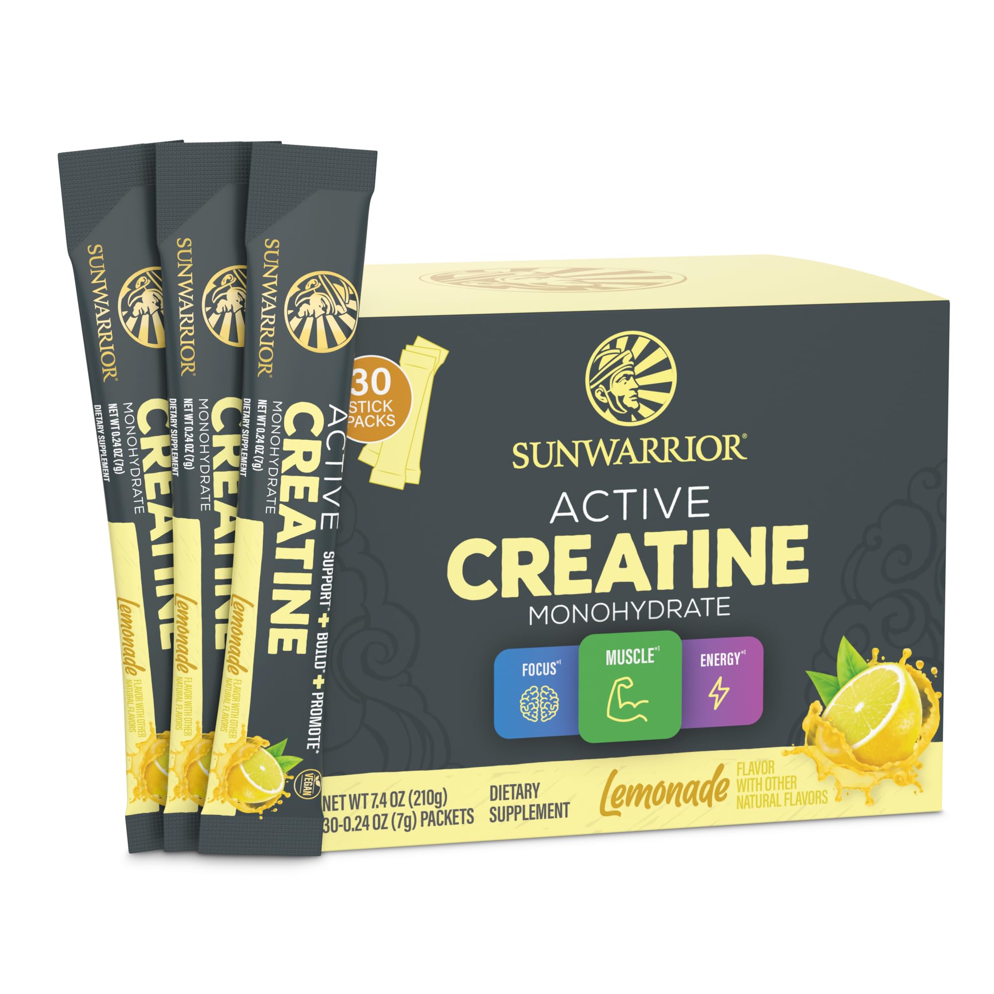 Sunwarrior Creatina Monohidrato en frasco, sabor limón, potencia tu entrenamiento.