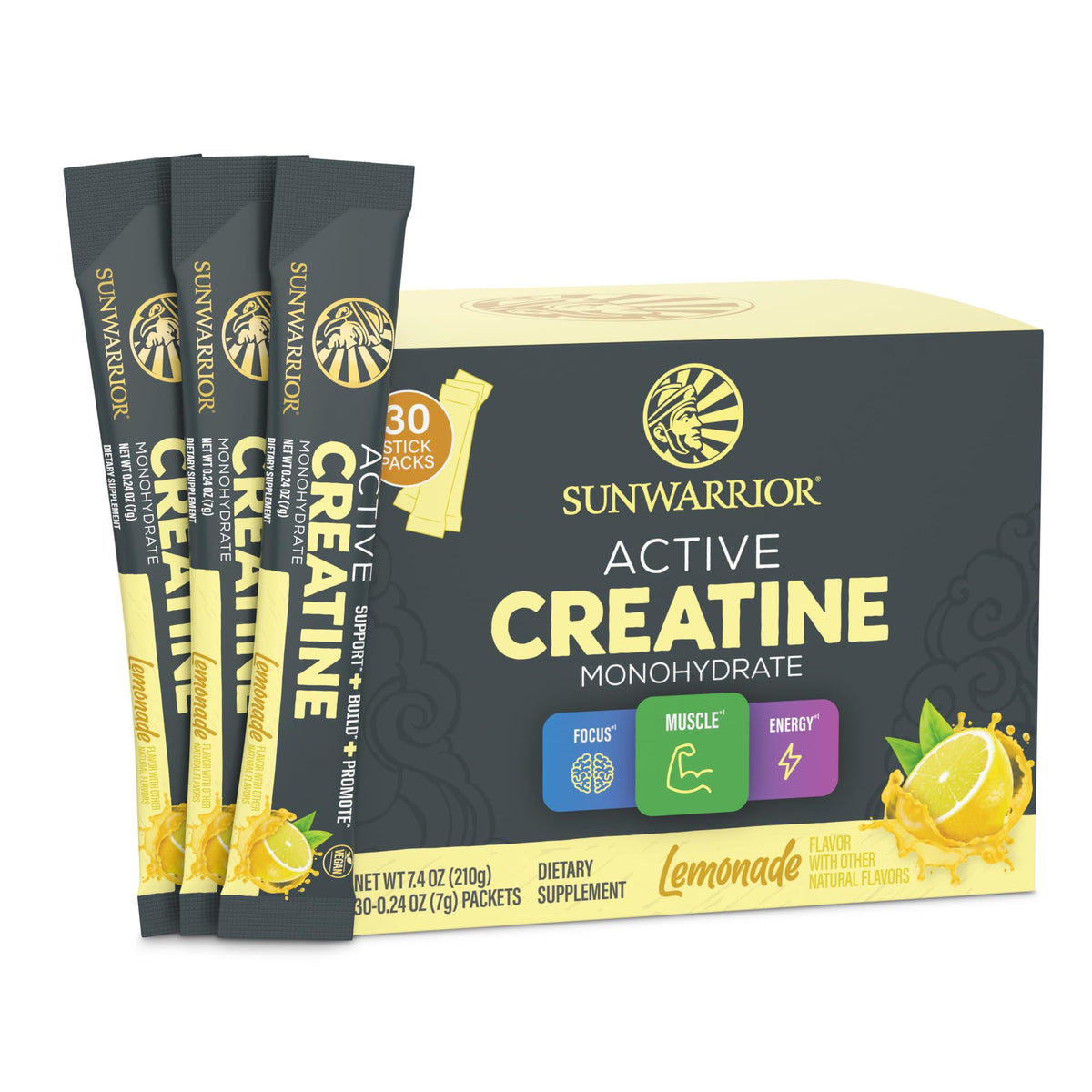 Sunwarrior Creatina Monohidrato en frasco, sabor limón, potencia tu entrenamiento.