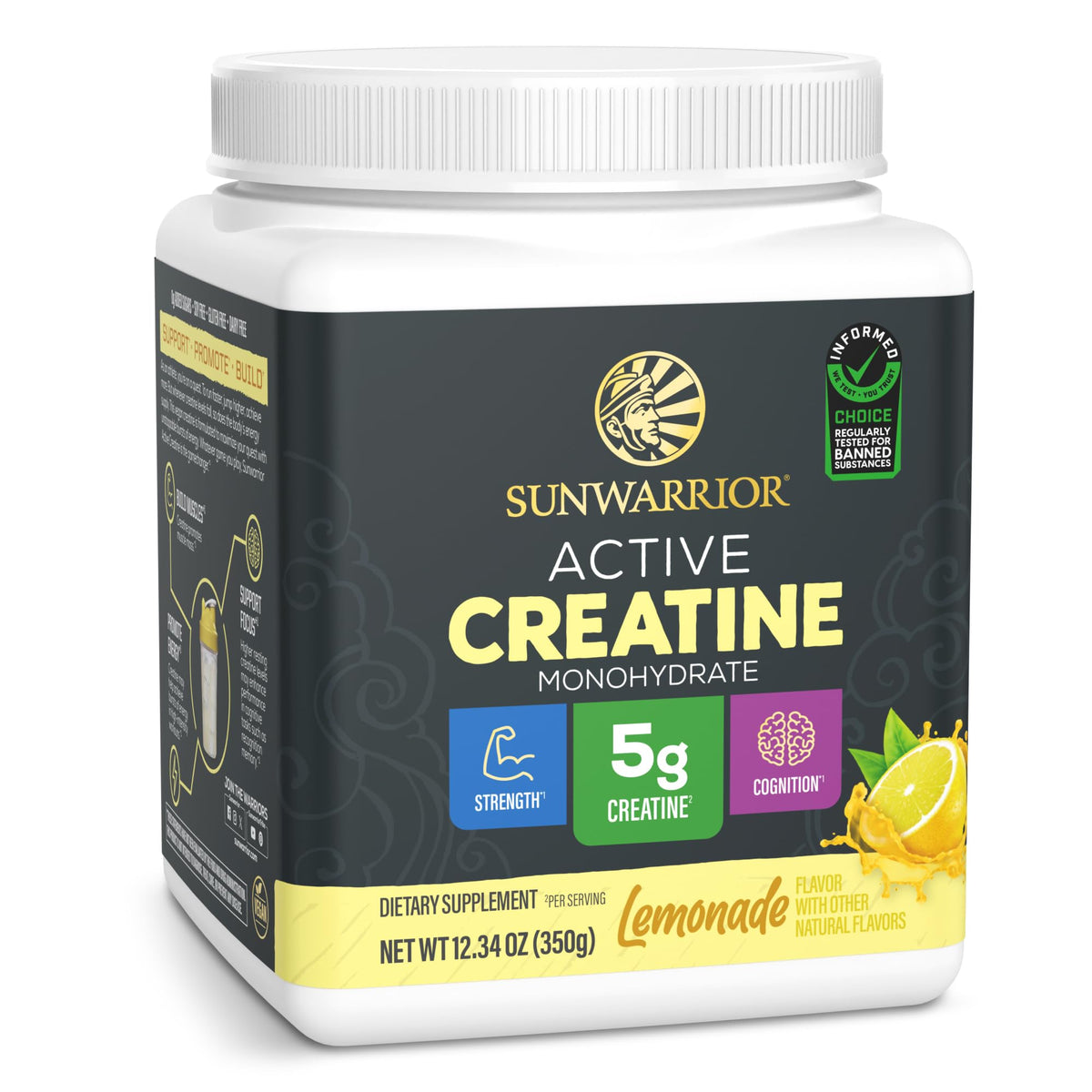 Sunwarrior Creatina Monohidrato Polvo Limonada para energía sostenida durante entrenamientos.