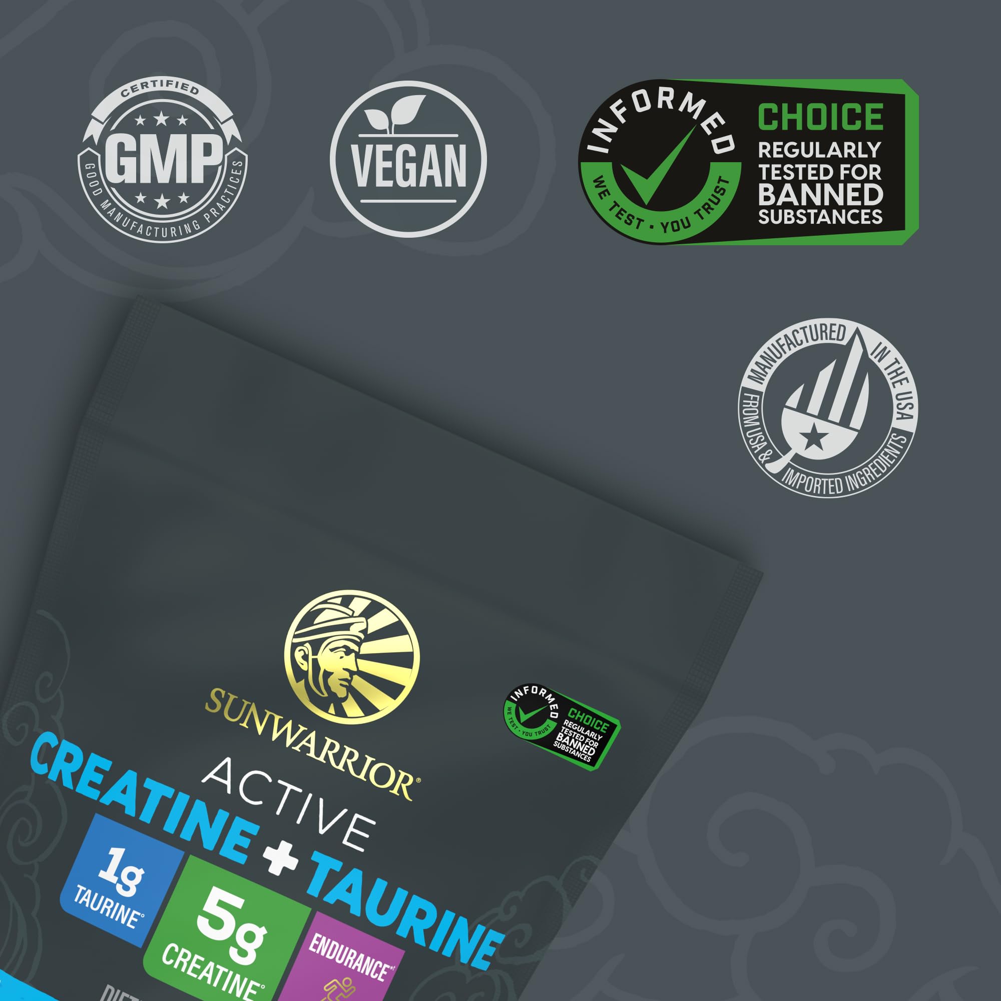 Sunwarrior Creatina Monohidratada con Taurina, etiqueta vegana para nutrición limpia.