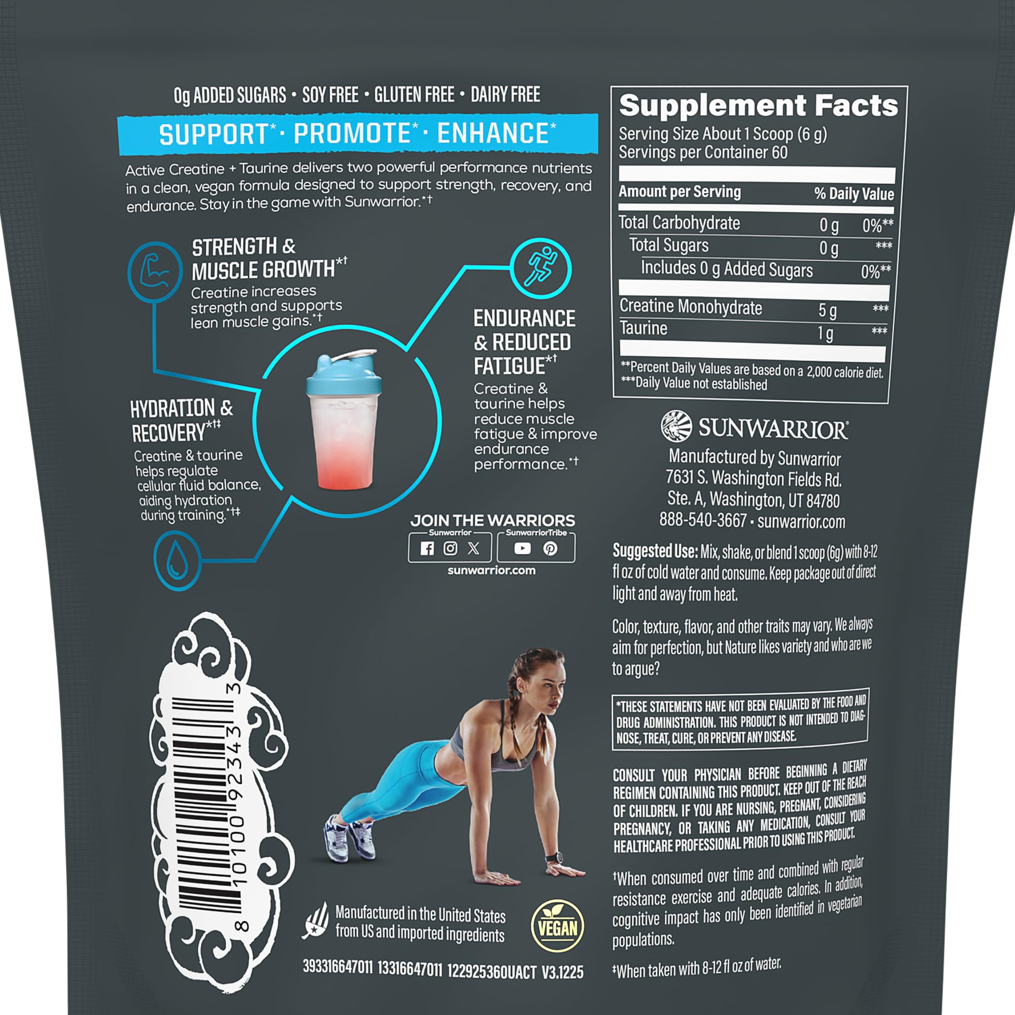 Sunwarrior Creatina Monohidratada con Taurina, mezcla en taza lista para entrenamientos.