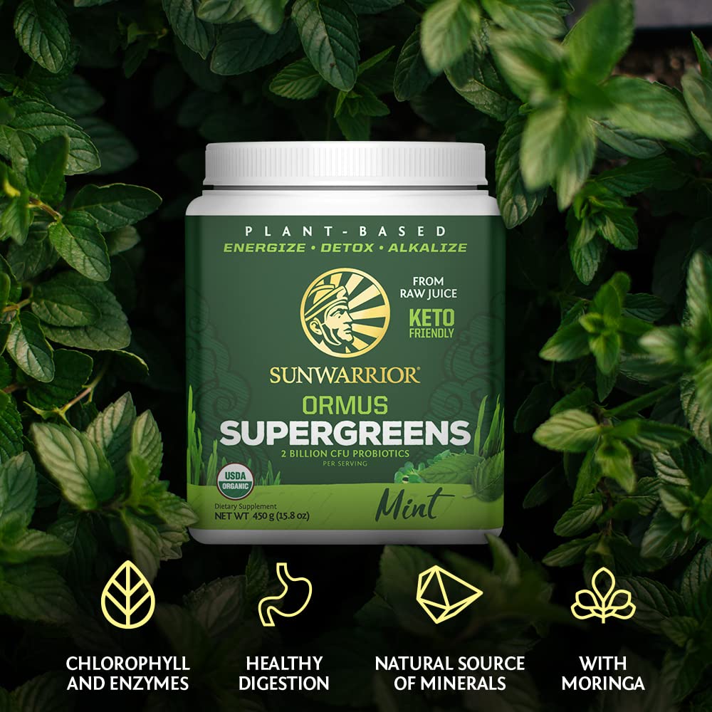 Sunwarrior Greens: hojas de moringa destacadas para aporte vegetal natural.
