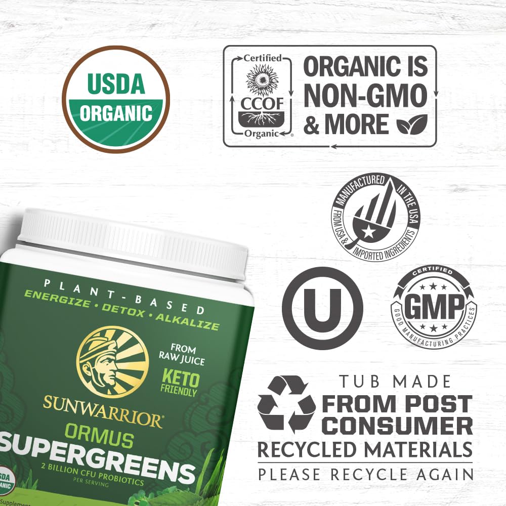Sunwarrior Greens: polvo verde preparado para mezclar en batidos nutritivos.