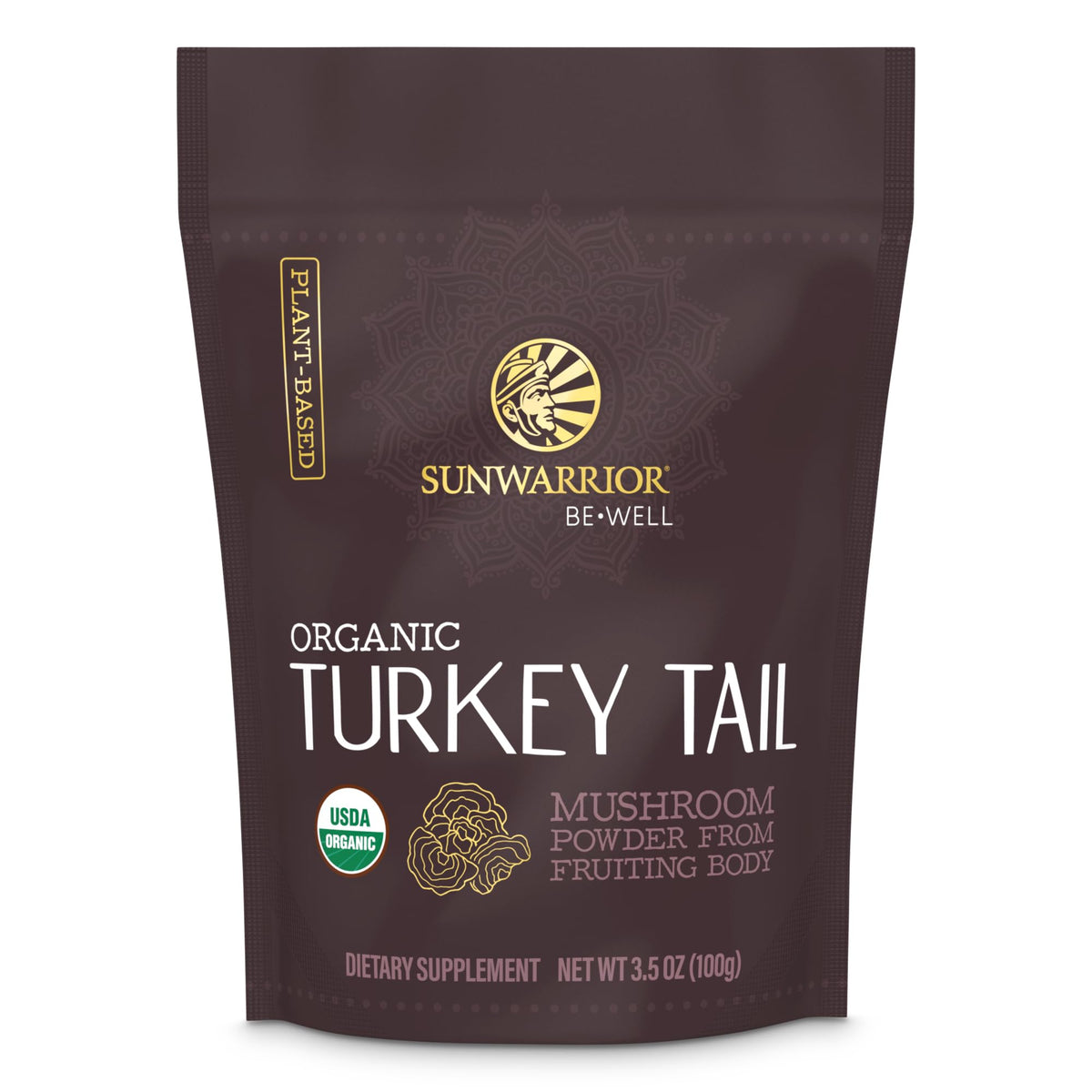 Sunwarrior hongo cola de pavo en frasco 100 g, polvo fino para batidos y bienestar diario.