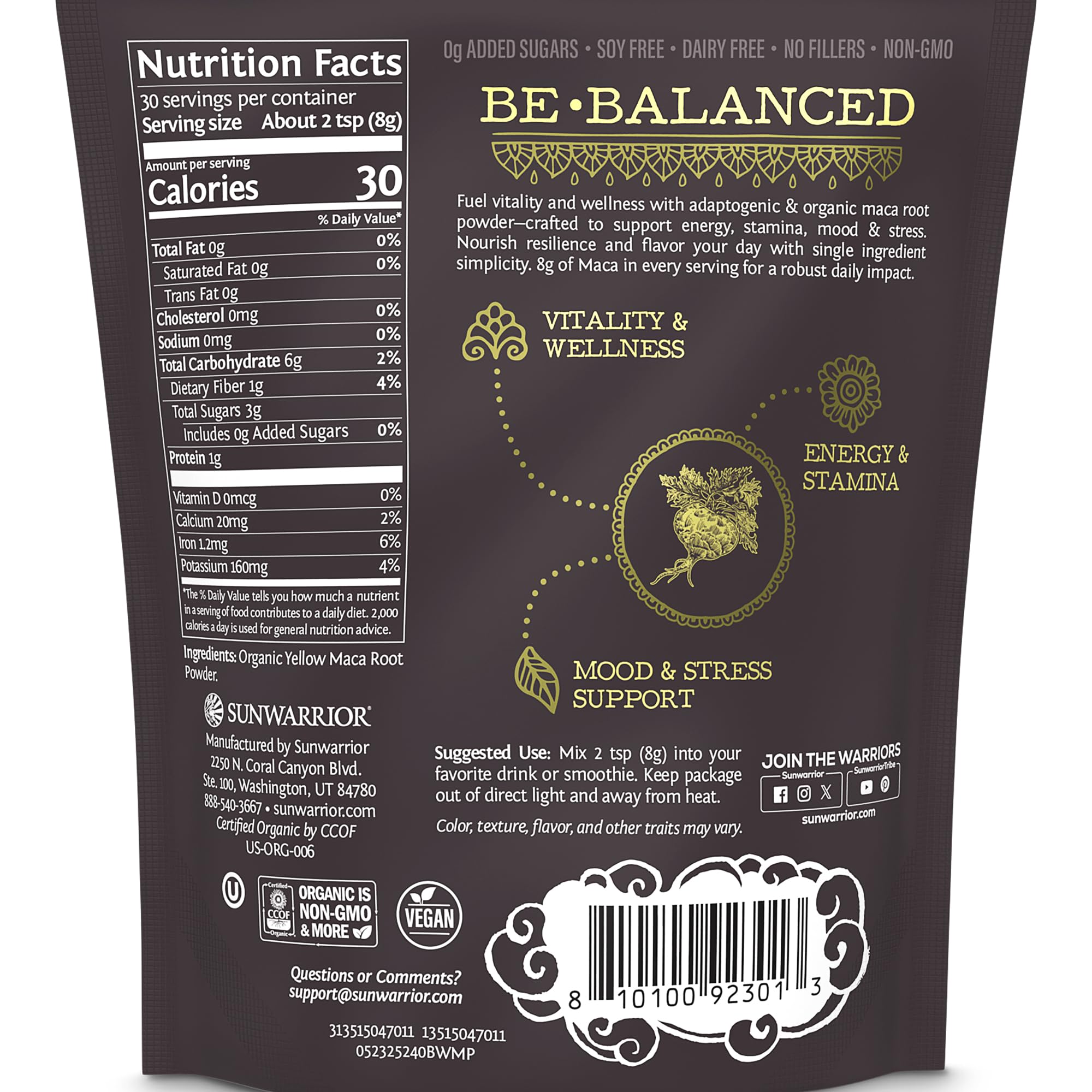 Sunwarrior maca amarilla con cuchara medidora para batidos suaves