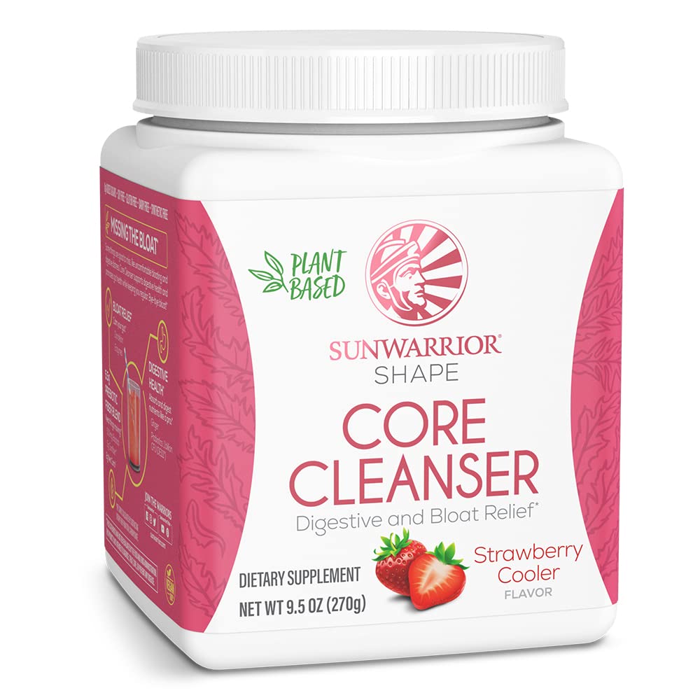Sunwarrior mezcla prebiótica de fibra vegetal en polvo con sabor fresa para apoyo digestivo.