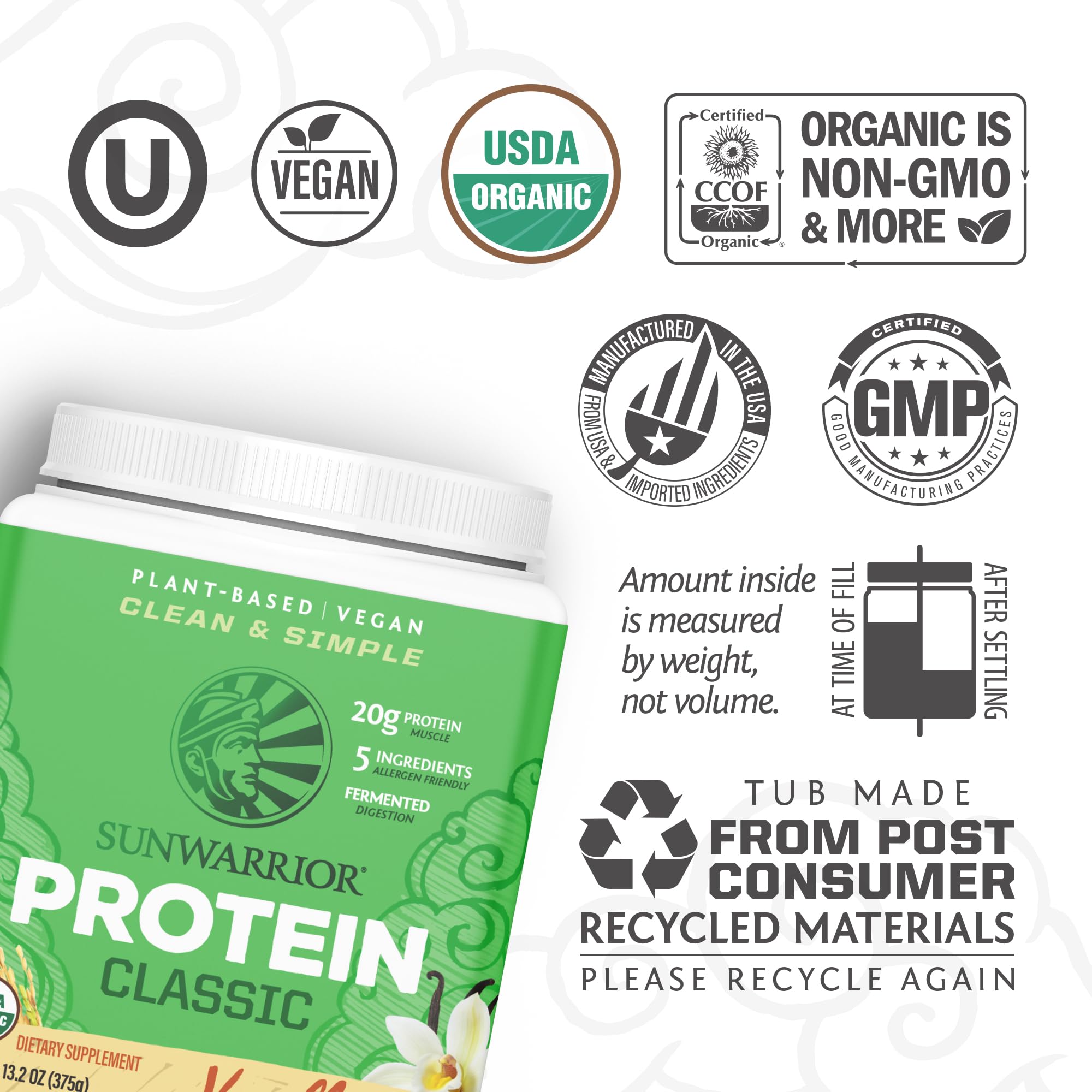Sunwarrior proteina orgánica clásica vainilla, cucharita de medida, dosis sencillas para batidos.