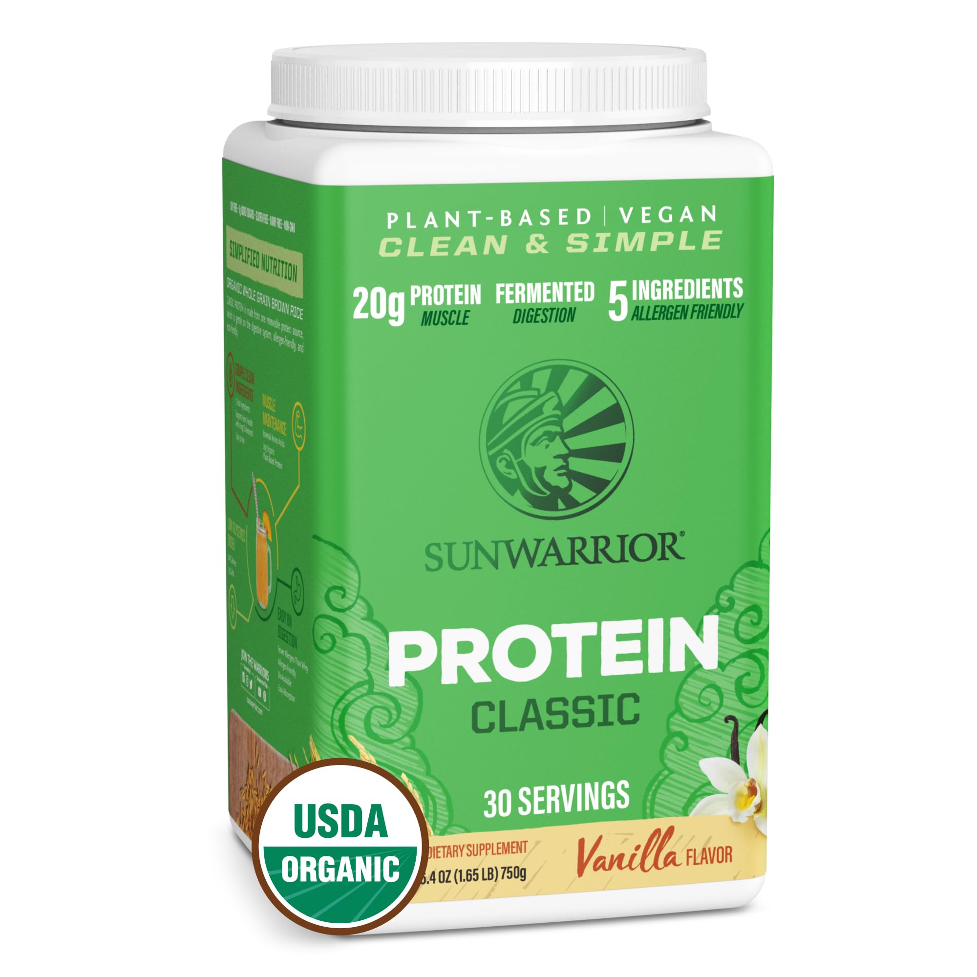 Sunwarrior Organic Classic Vanilla Protein, lata visible, fuente vegetal para energía diaria