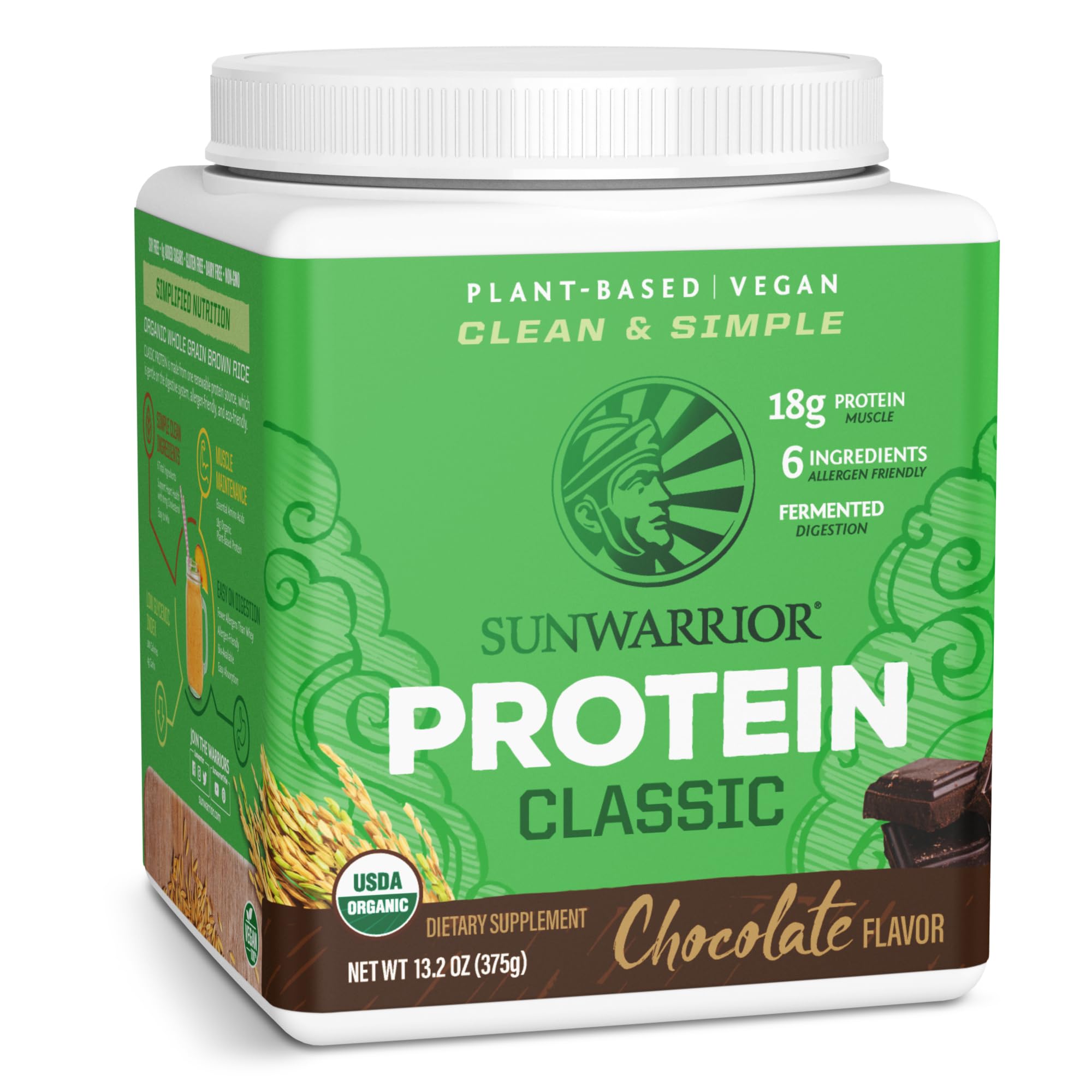 Sunwarrior Proteína de Arroz Integral Chocolate, bote; ideal para batidos energéticos.