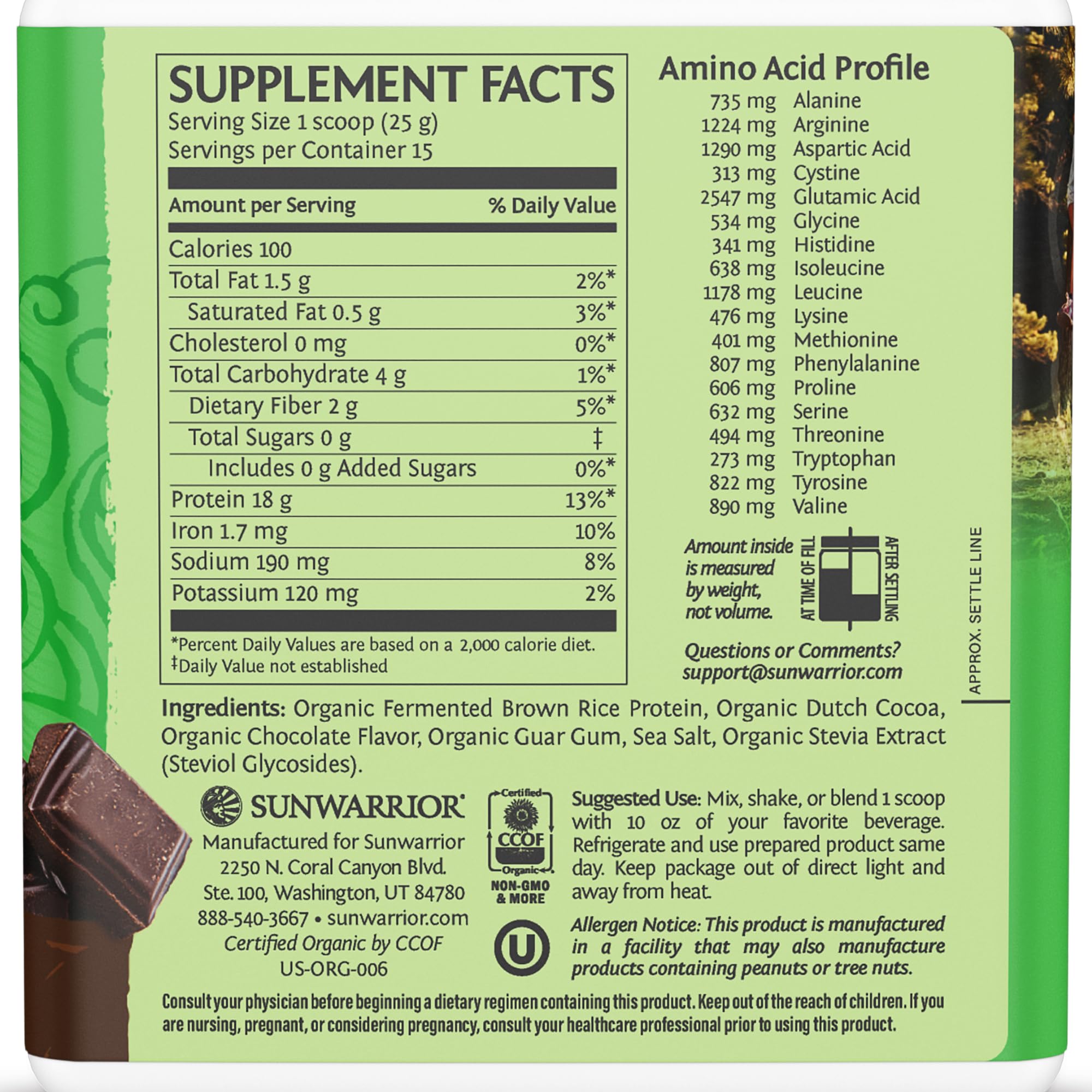 Sunwarrior proteína arroz chocolate, medida incluida, facilita dosis consistentes para desayunos rápidos.