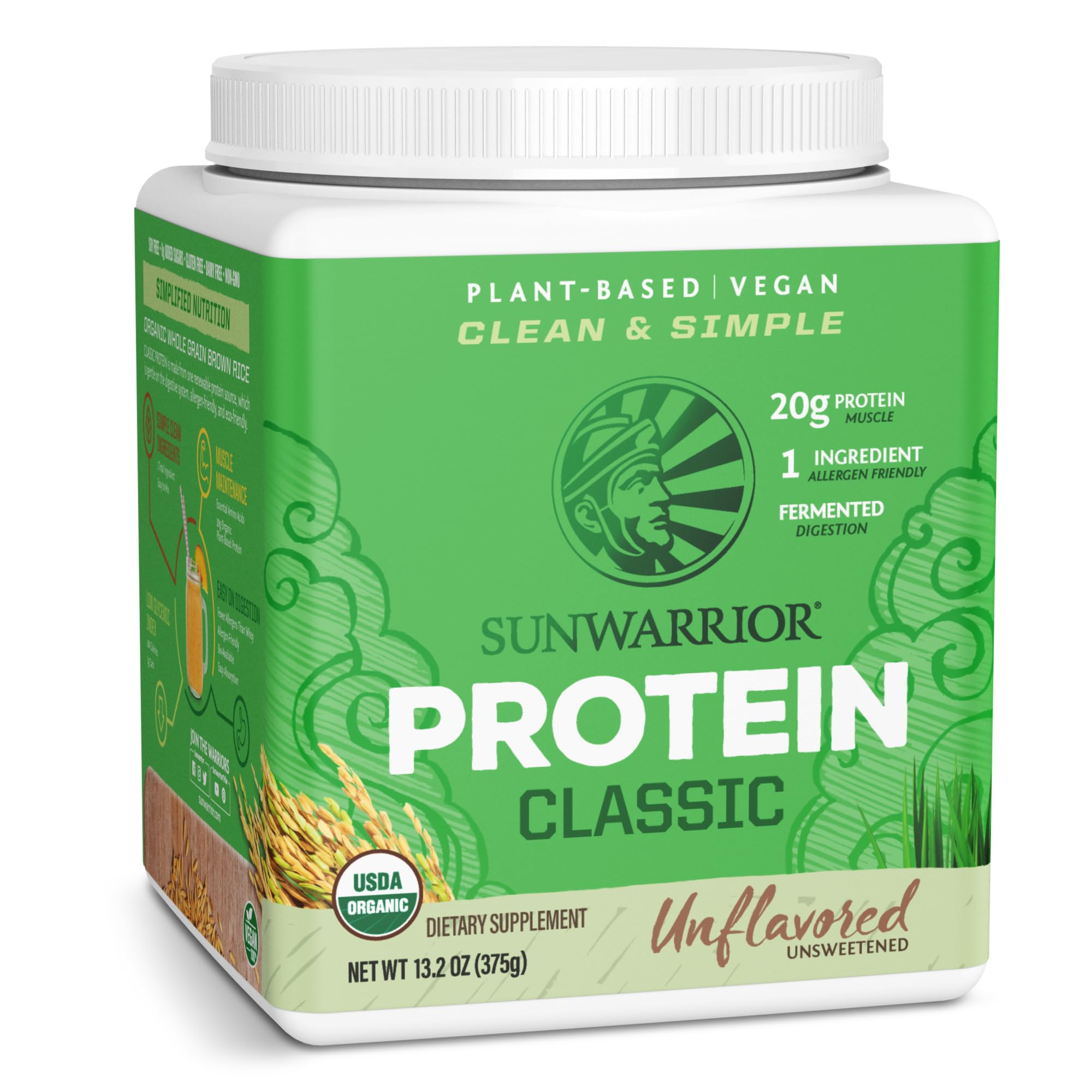 Sunwarrior Proteína de Arroz Integral en bote, ideal para batidos diarios veganos.
