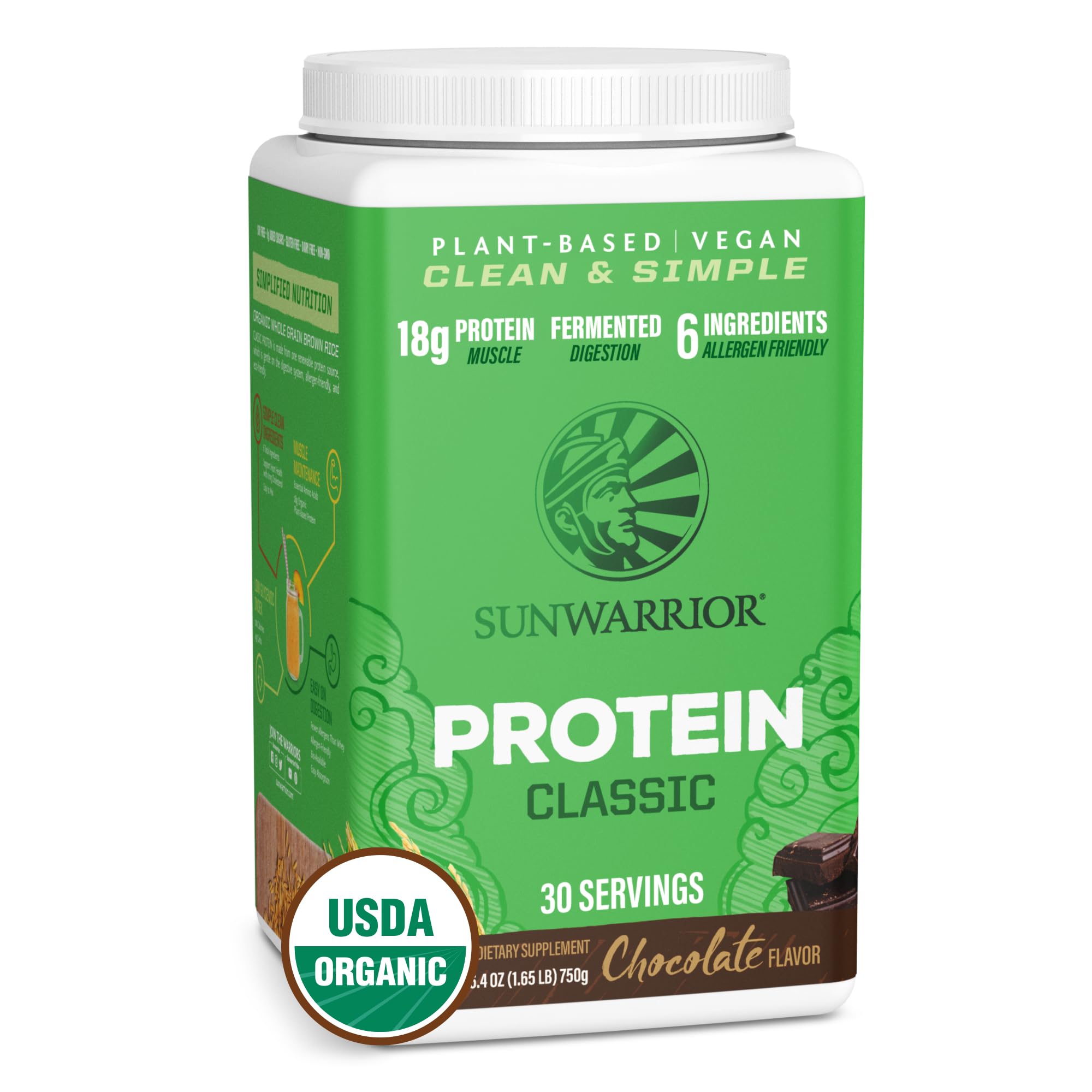 Sunwarrior Proteína de Arroz Integral Chocolate en envase, ideal para batidos veganos.