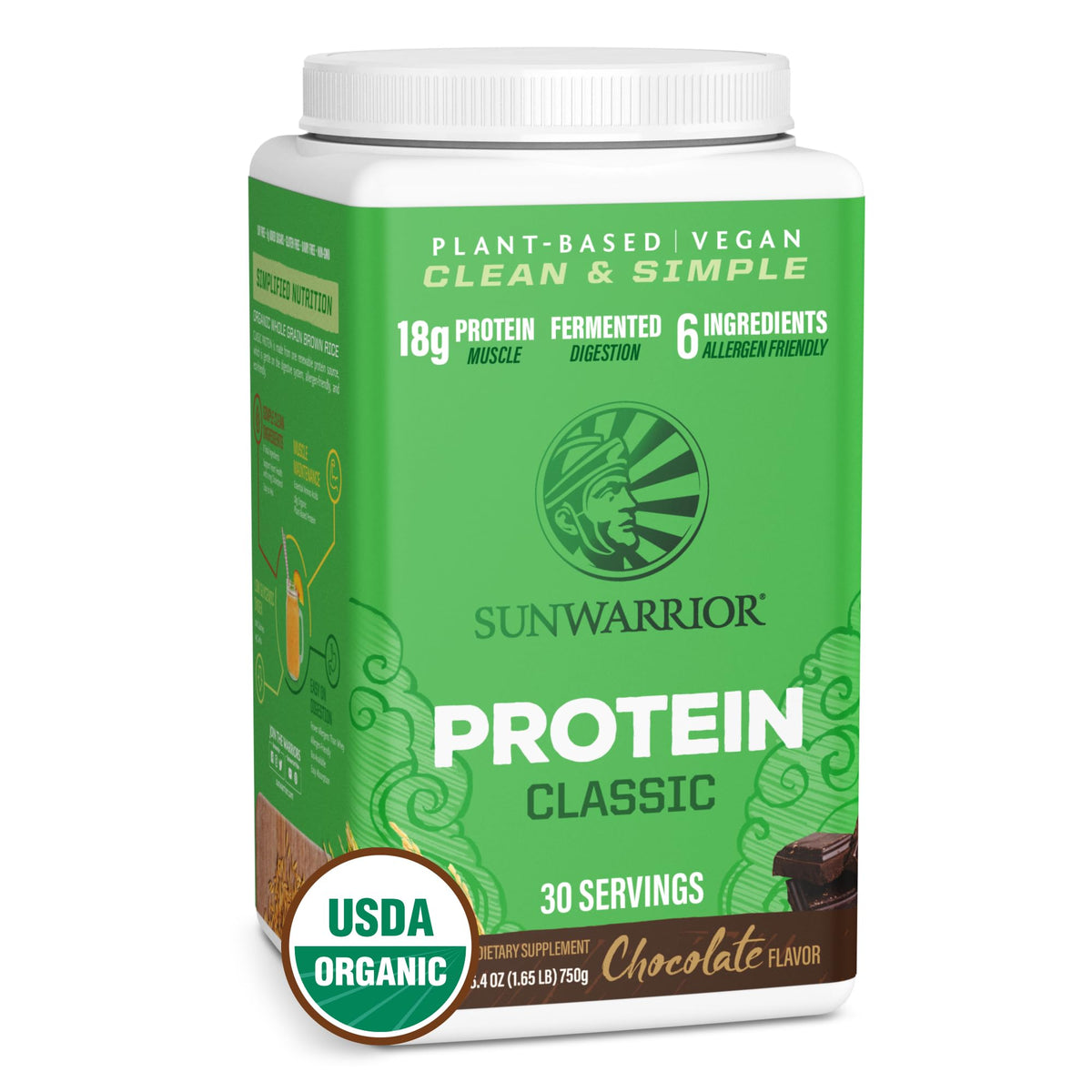 Sunwarrior Proteína de Arroz Integral Chocolate en envase, ideal para batidos veganos.