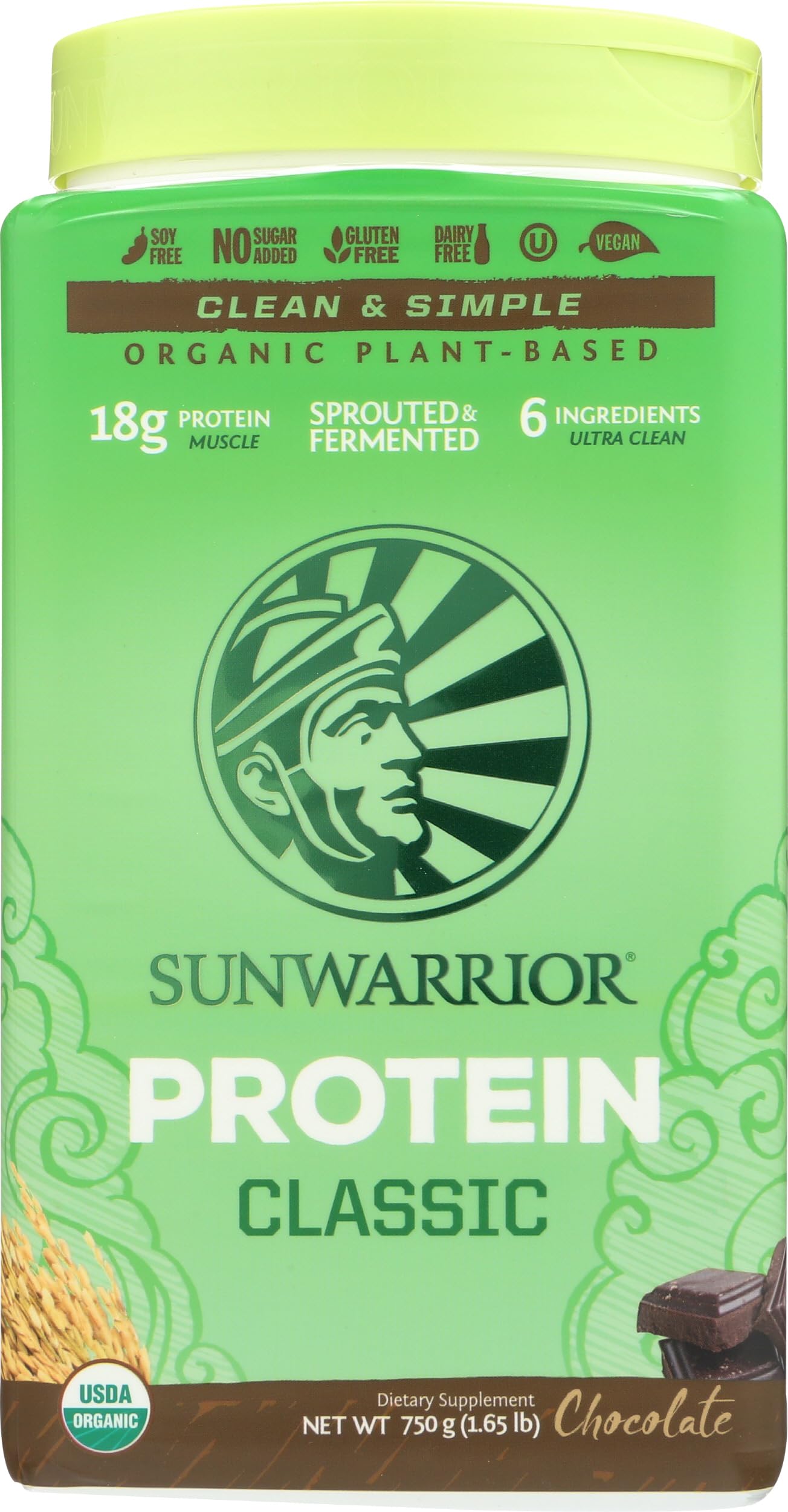 Sunwarrior Proteína de Arroz Integral Chocolate en etiqueta limpia, opción vegana y sin gluten.