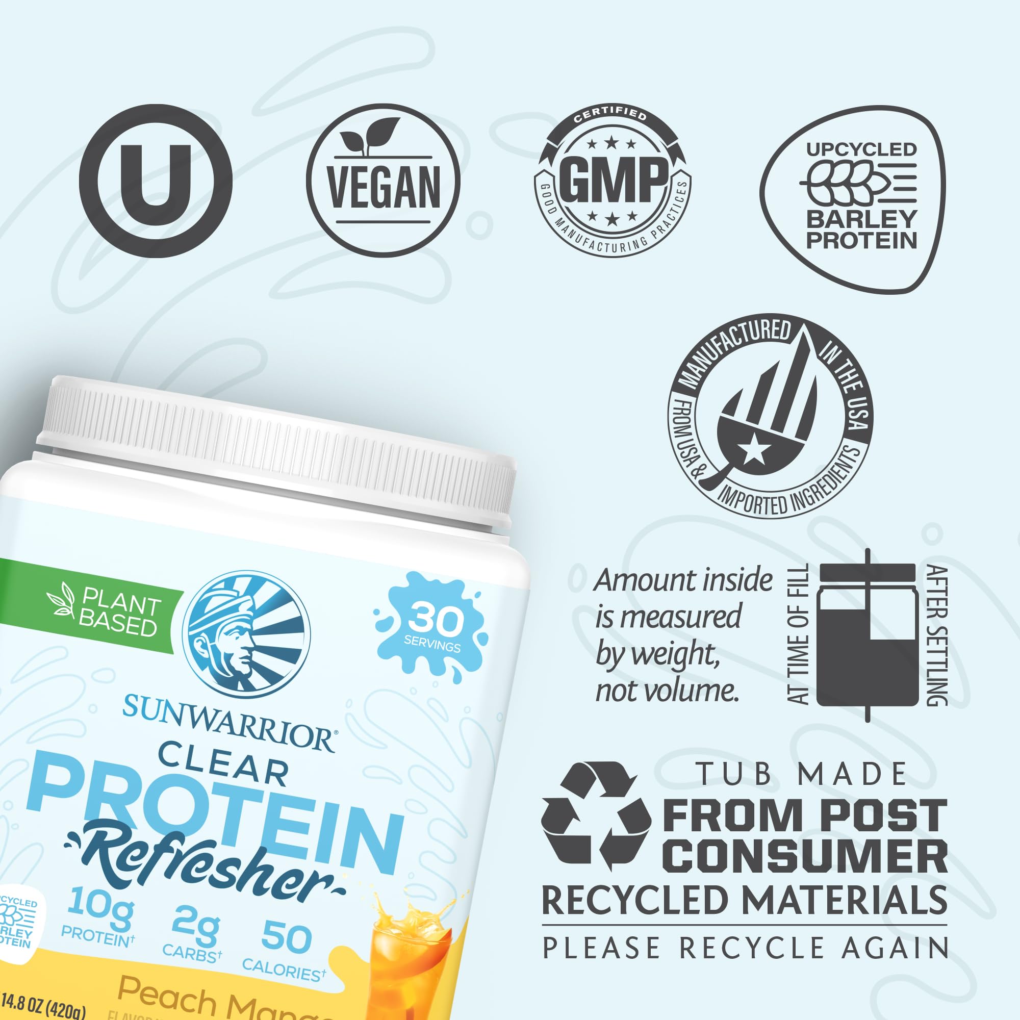 Sunwarrior Proteína Clara medidor y polvo listo para mezclar rápidamente.
