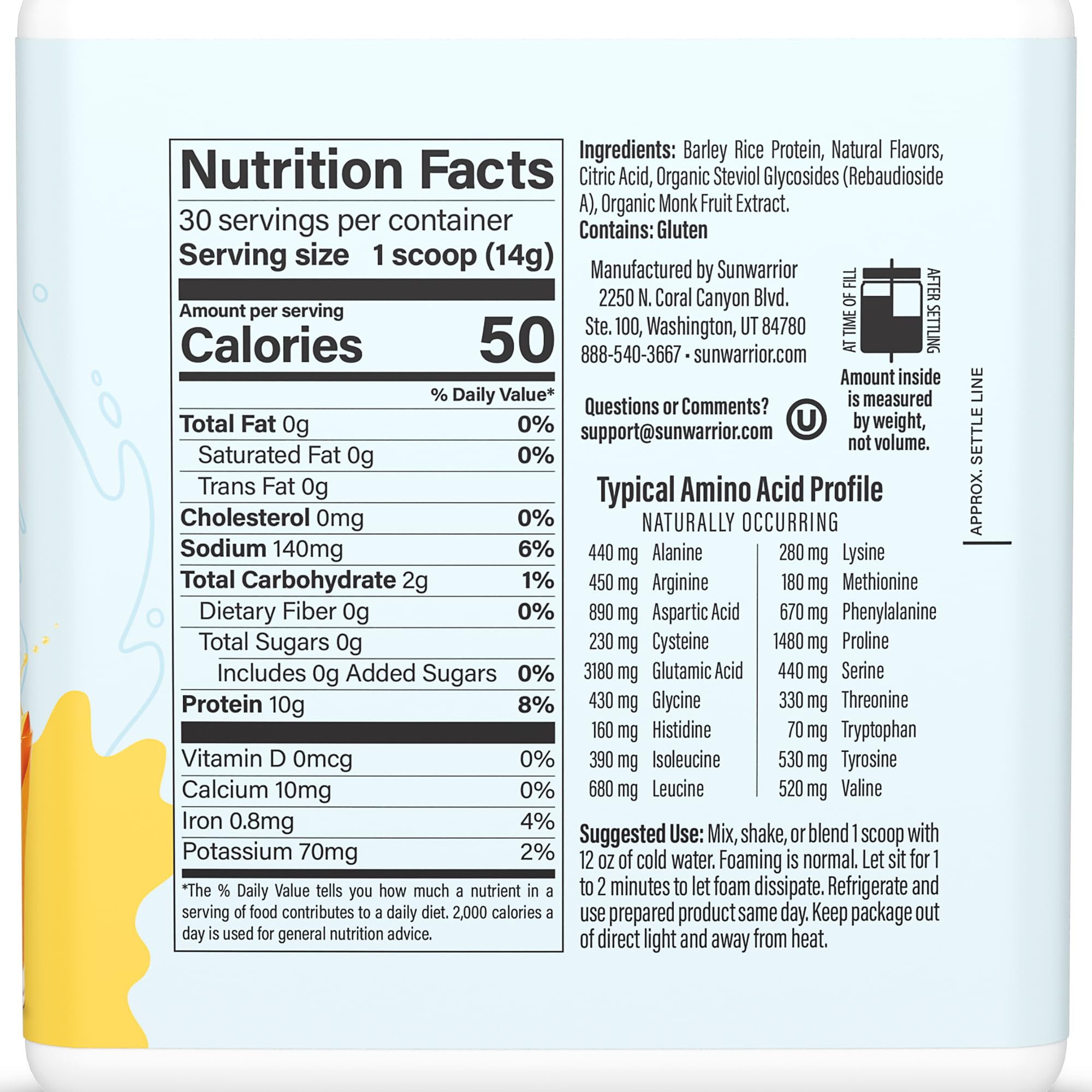 Sunwarrior Proteína Clara sabor durazno-mango en vaso, sabor afrutado para recargar energía.
