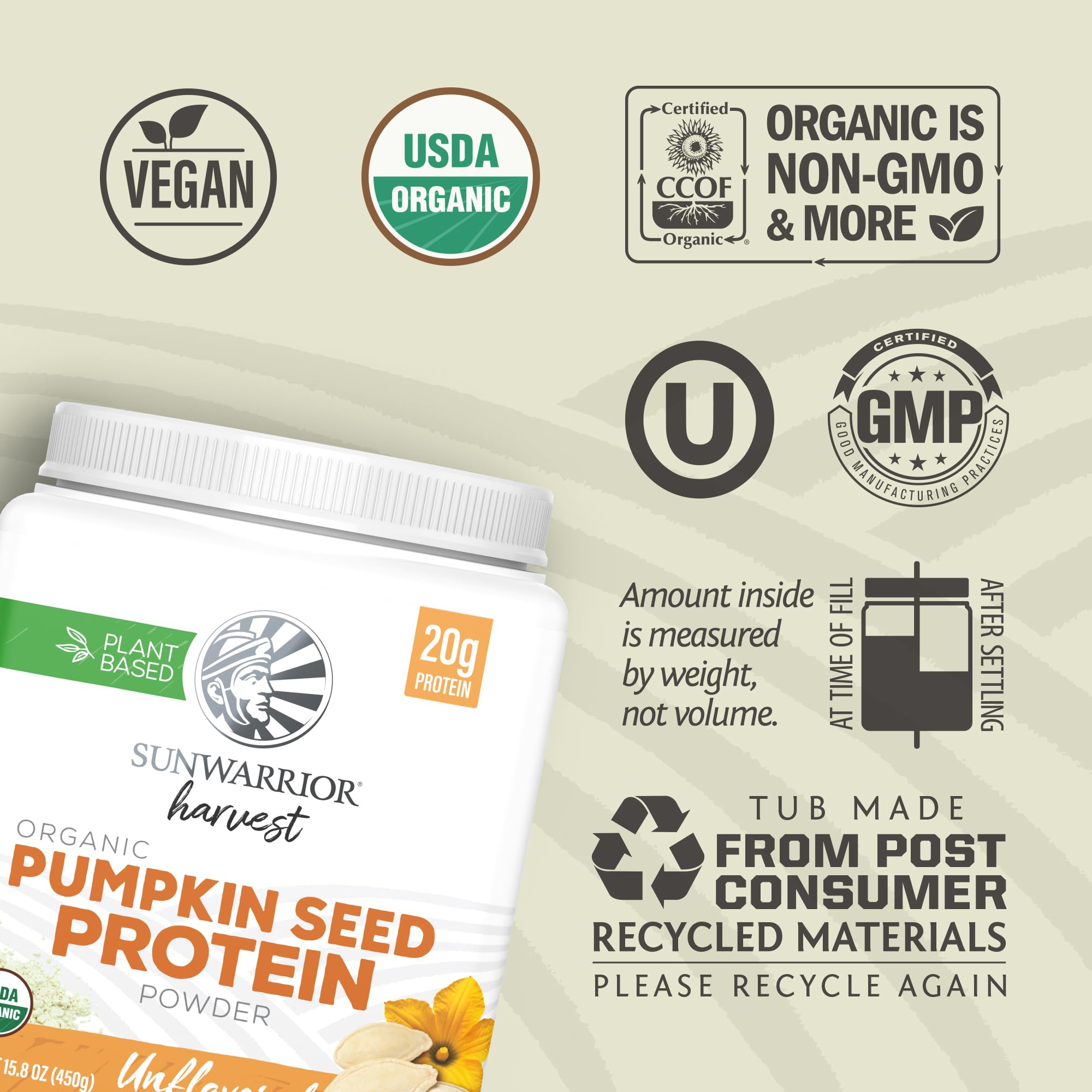 Sunwarrior Proteína de Semilla de Calabaza prensada en frío para avena, digestión ligera.