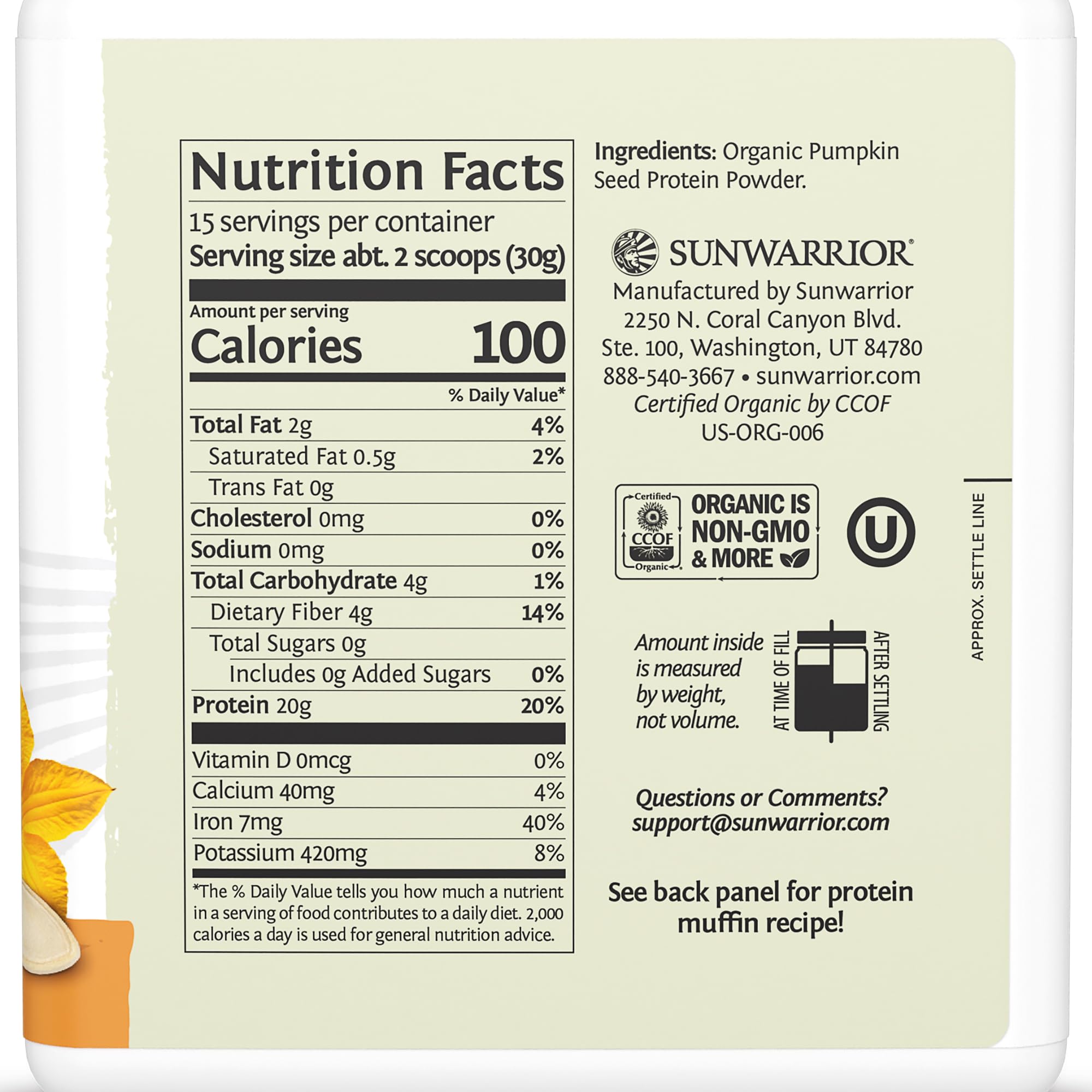 Sunwarrior Proteína de Semilla de Calabaza prensada en frío para batidos, sabor suave.