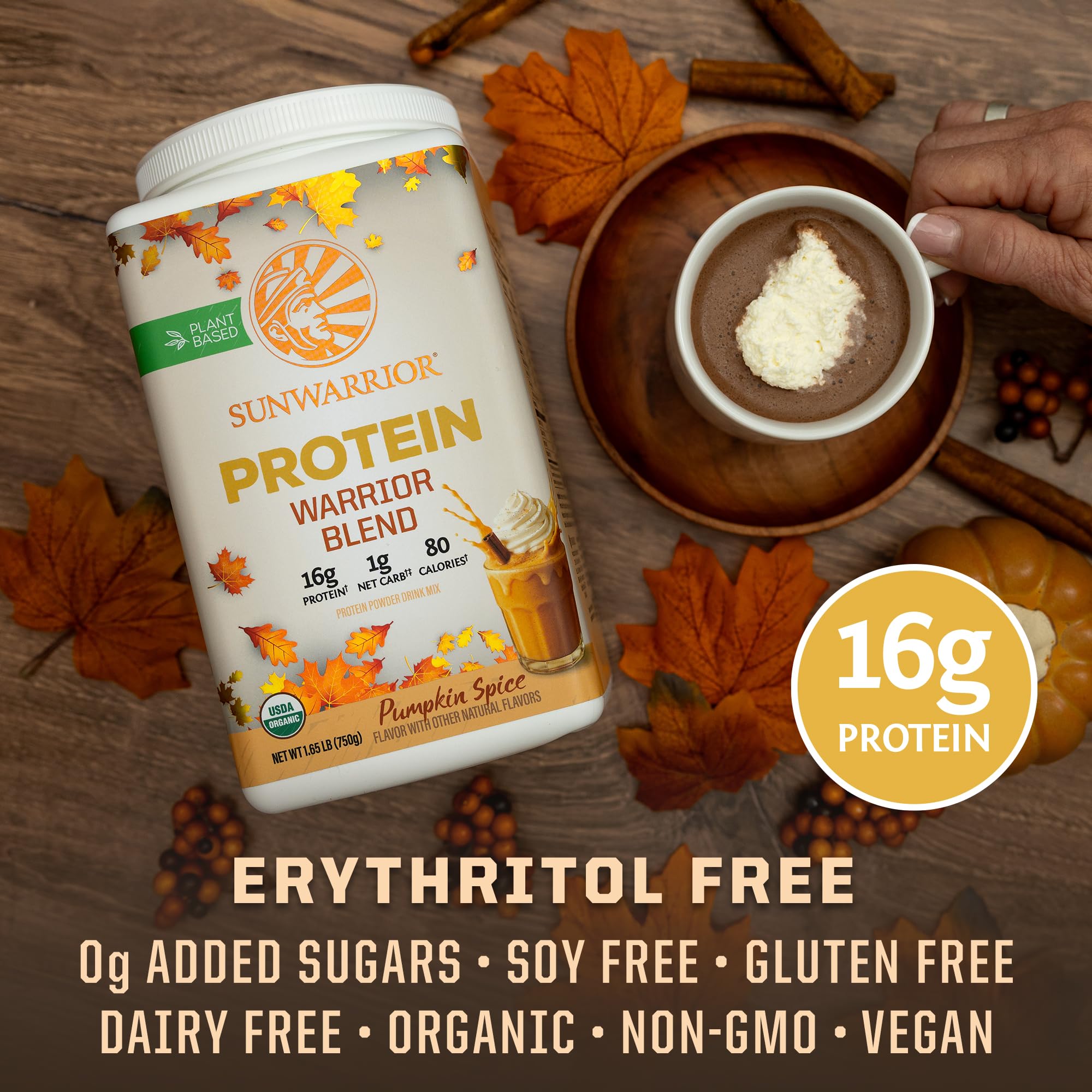 Sunwarrior Proteína Vegana aroma a calabaza para una experiencia reconfortante.
