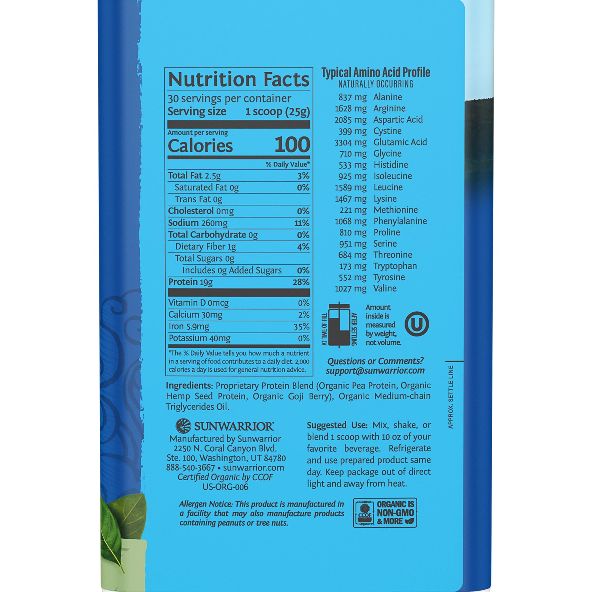 Proteina vegana Sunwarrior ingredientes pea-hemp-goji para nutricion vegetal