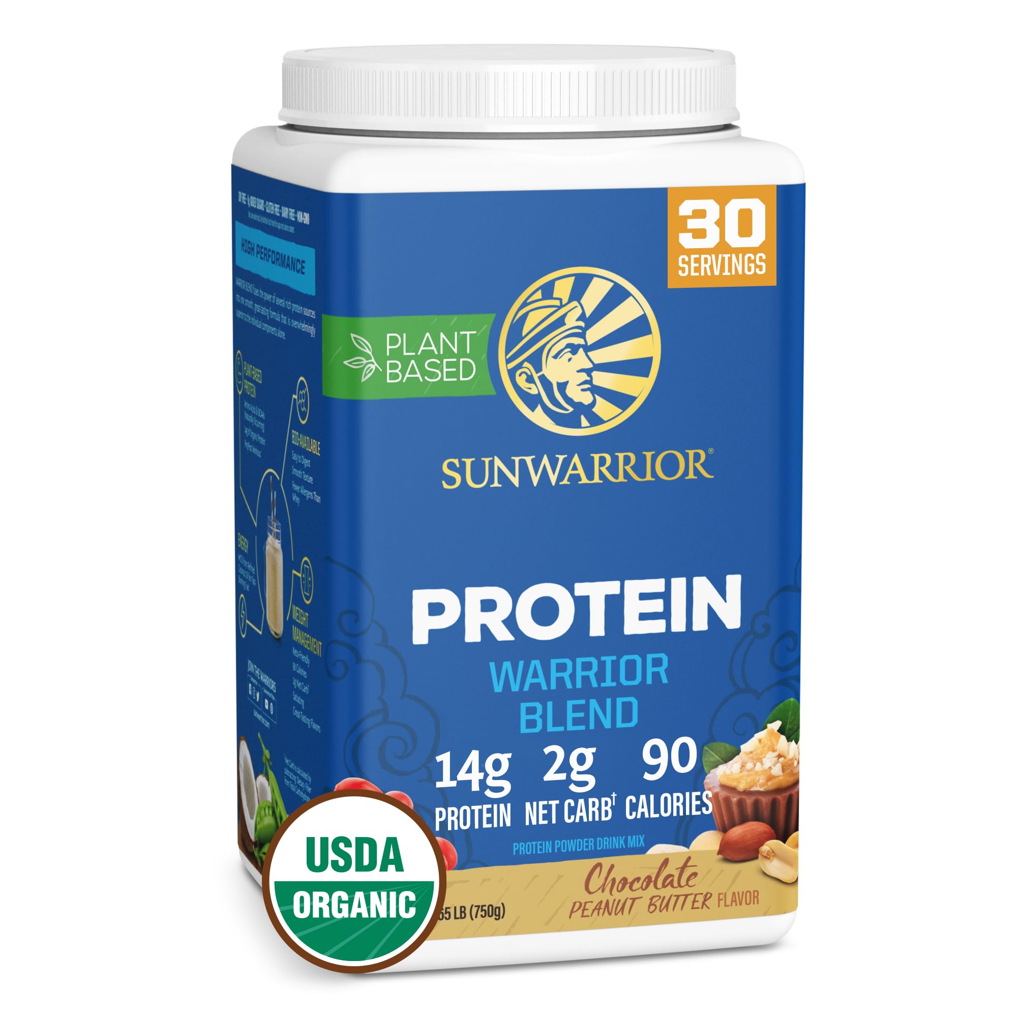 Sunwarrior Proteína Vegana Orgánica frente al envase, sabor chocolate maní para batidos deliciosos