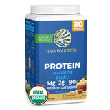 Sunwarrior Proteína Vegana Orgánica frente al envase, sabor chocolate maní para batidos deliciosos