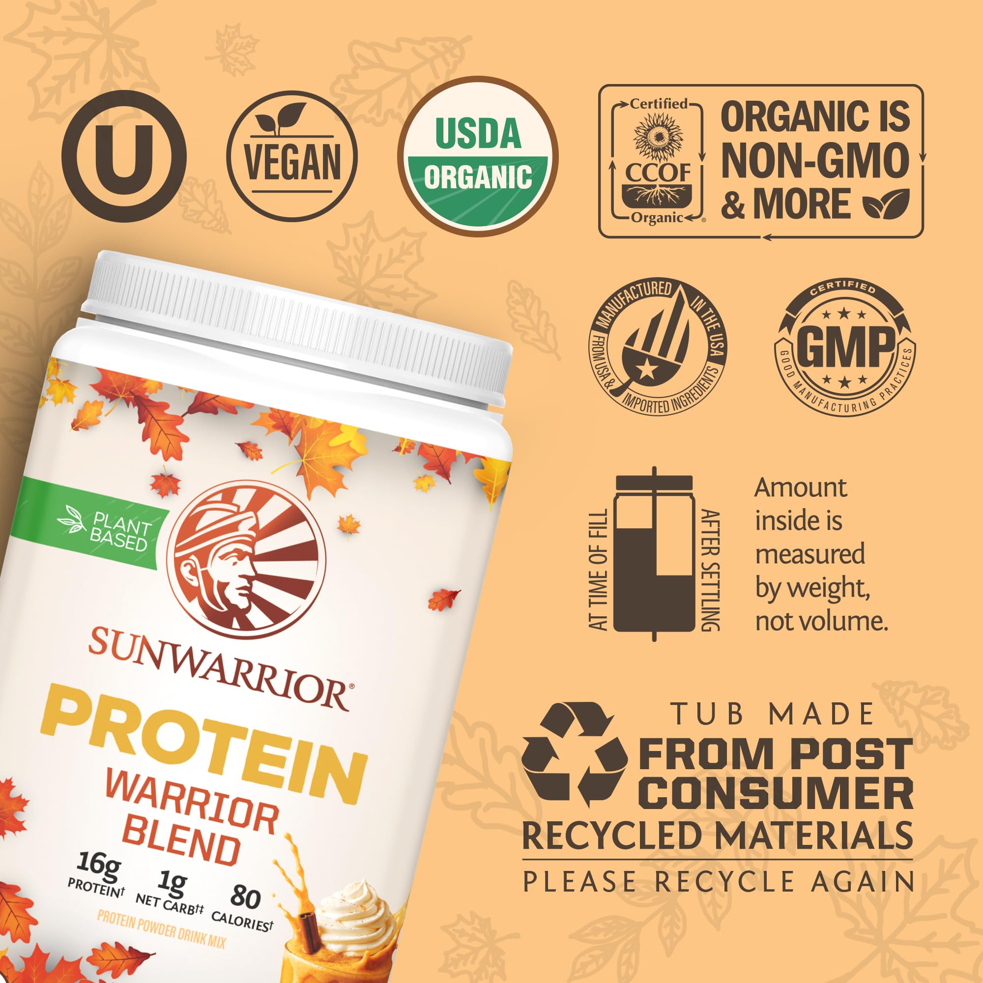 Sunwarrior Proteína Vegana polvo color calabaza, sabor otoñal.