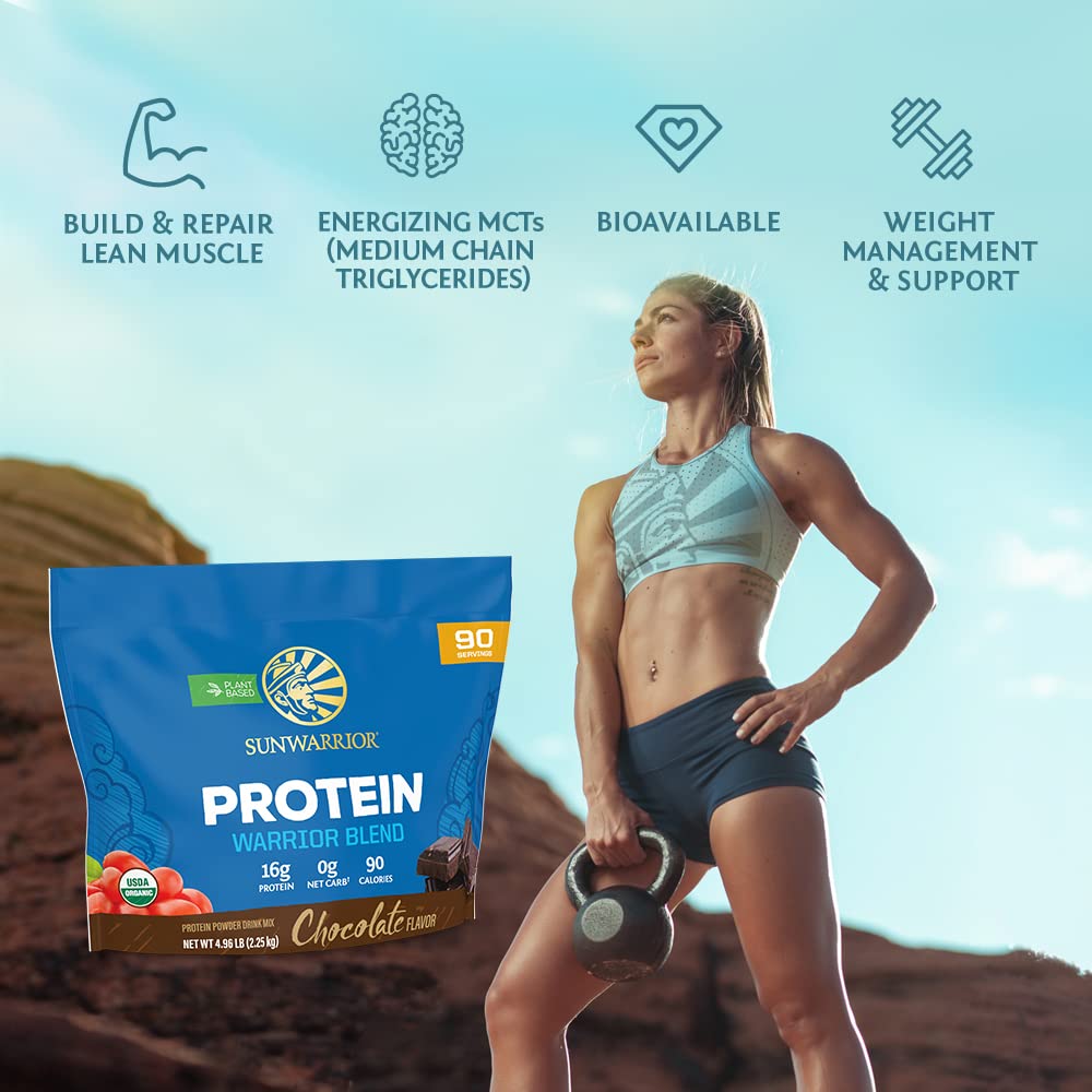 Sunwarrior Proteína Vegetal Chocolate en etiqueta, ingredientes limpios para una nutrición consciente.