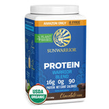 Sunwarrior proteina vegetal org chocolate, envase visible, ideal para batidos post-entrenamiento.