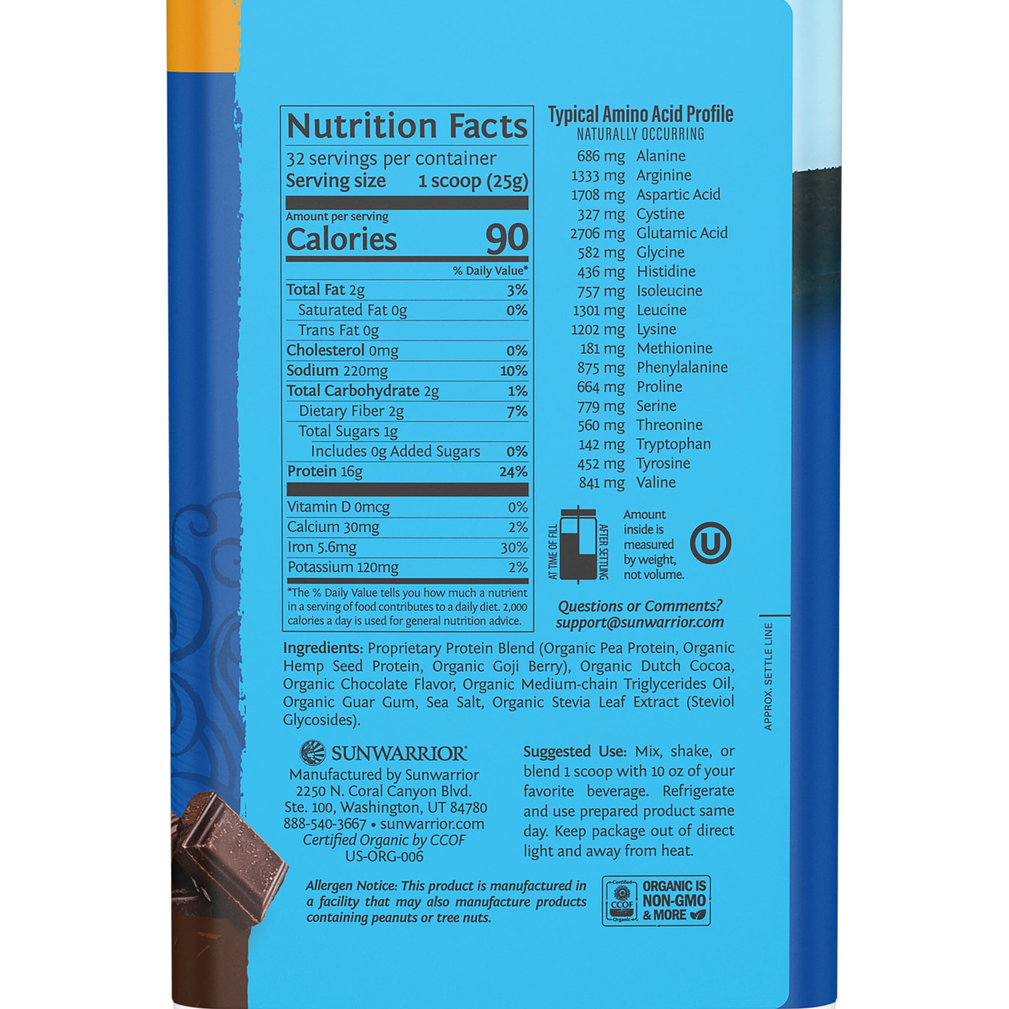 Etiqueta Sunwarrior proteina vegetal org chocolate, promete nutrición limpia para tu día.