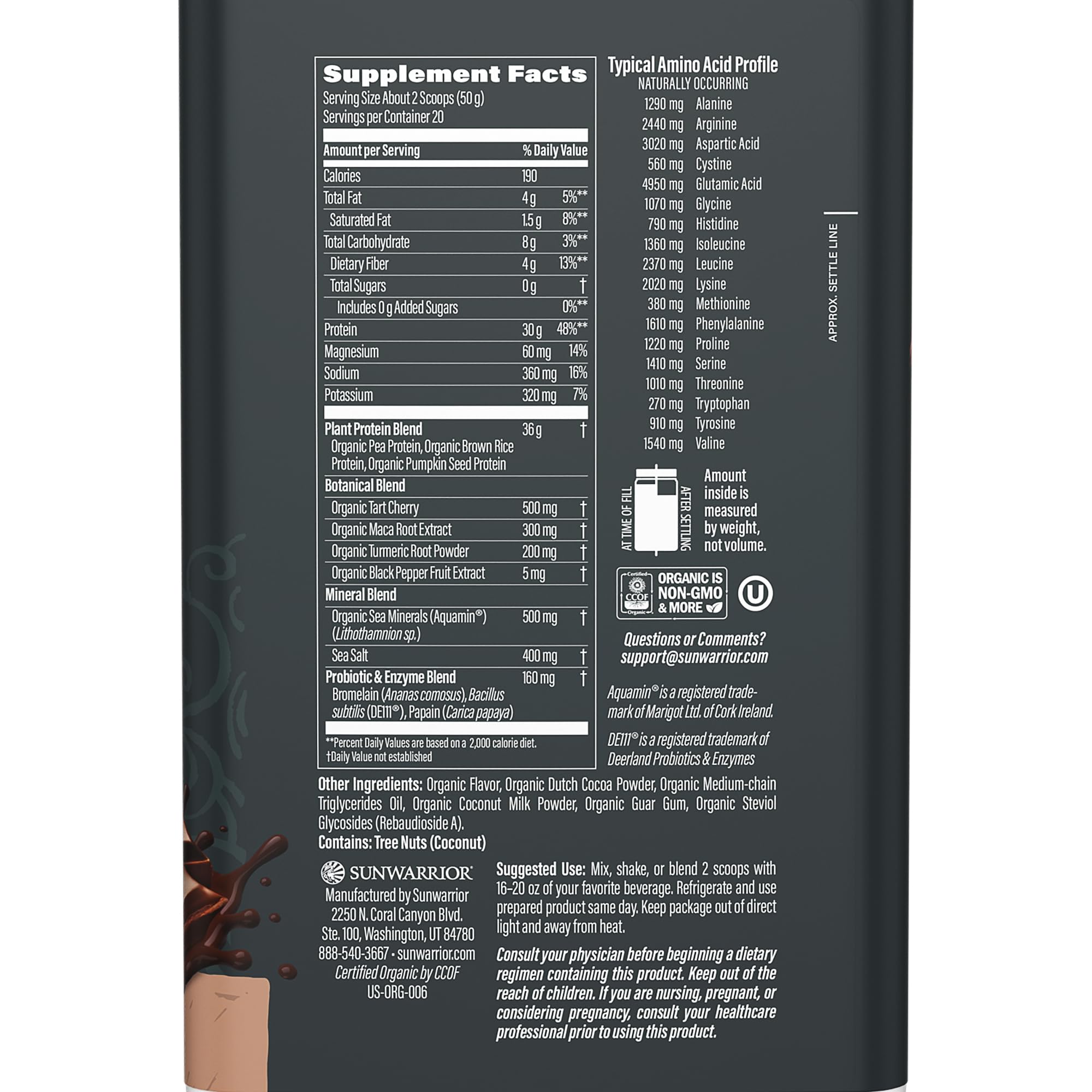 Sunwarrior proteína vegetal chocolate, aminoácidos BCAA para posible recuperación