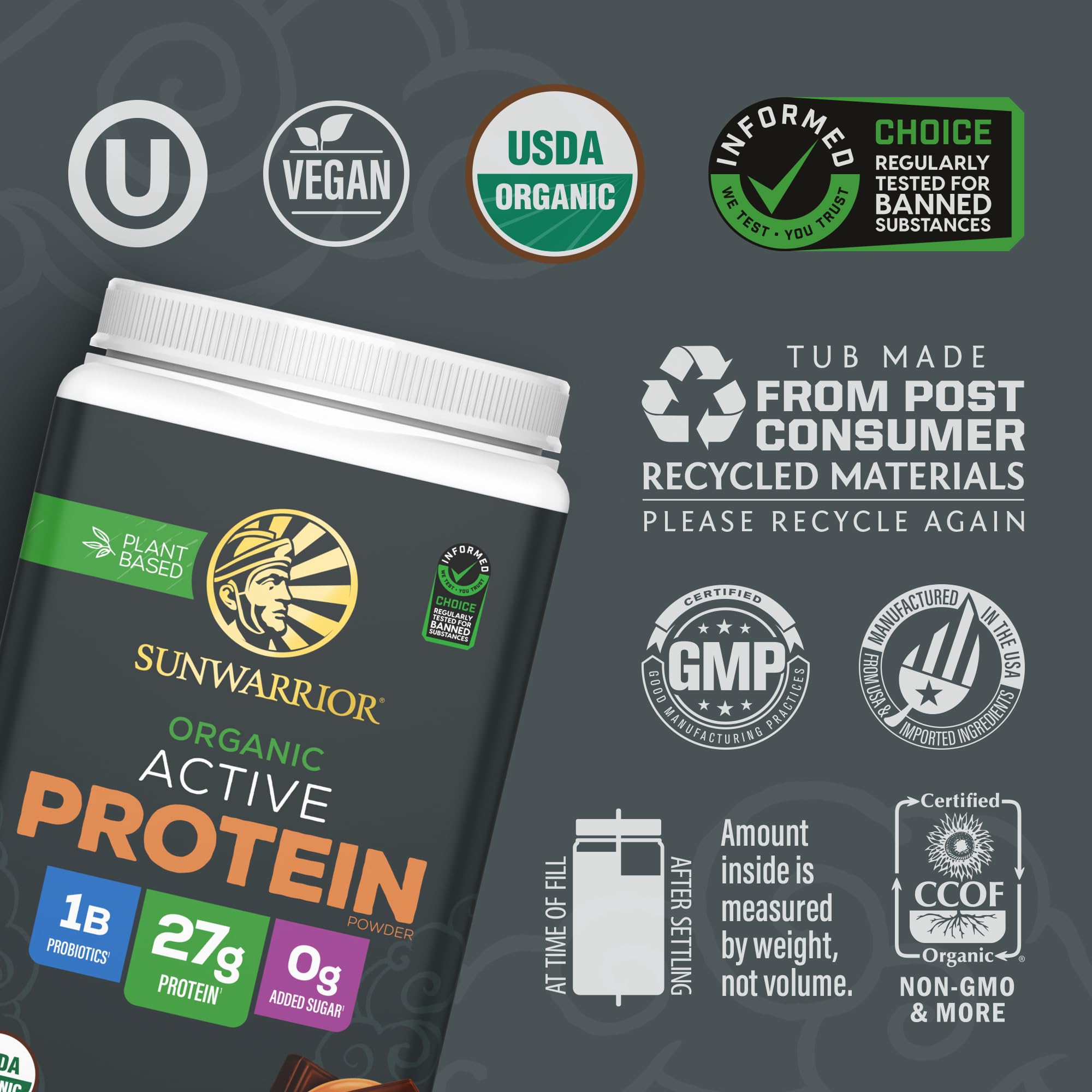 Sunwarrior proteina vegetal, detalle de la etiqueta, lista de ingredientes limpia.