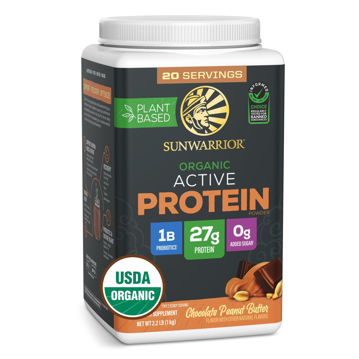 Sunwarrior Proteína vegetal orgánica, frente del envase, ideal para energía diaria.