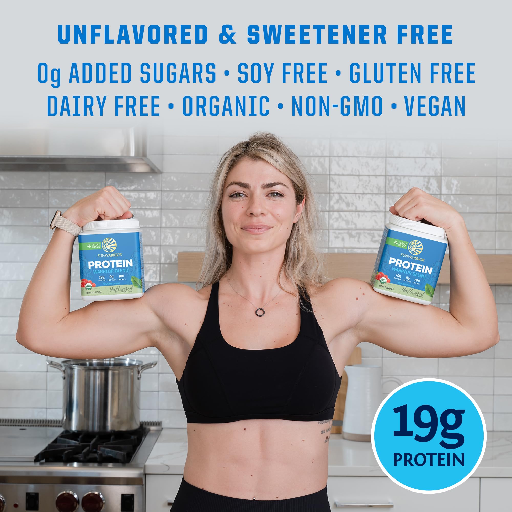 Sunwarrior proteína vegetal sin sabor envase práctico para uso diario.