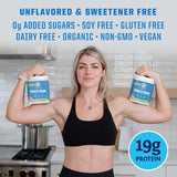 Sunwarrior proteína vegetal sin sabor envase práctico para uso diario.