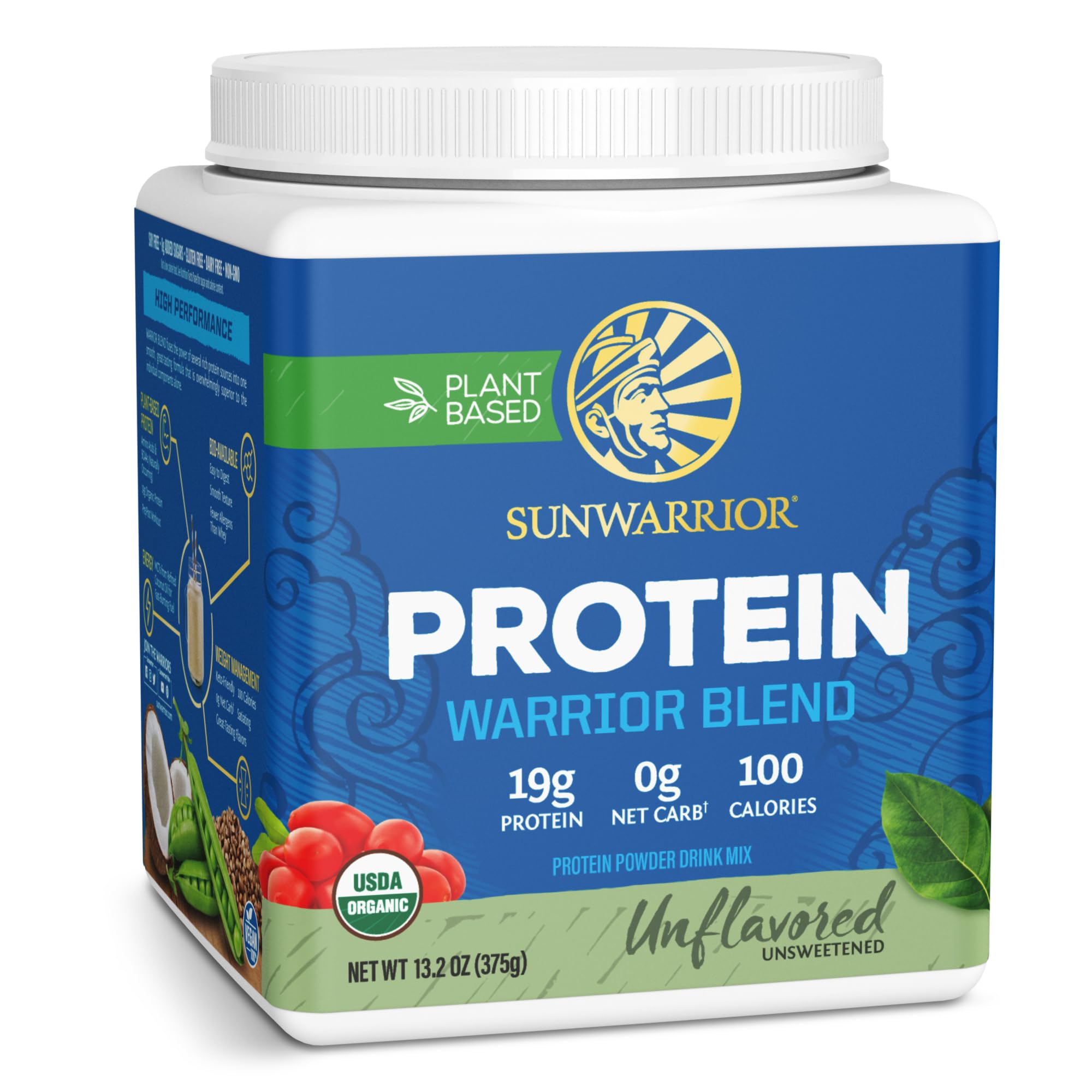Sunwarrior proteína vegetal sin sabor en lata, apoyo a la recuperación muscular.