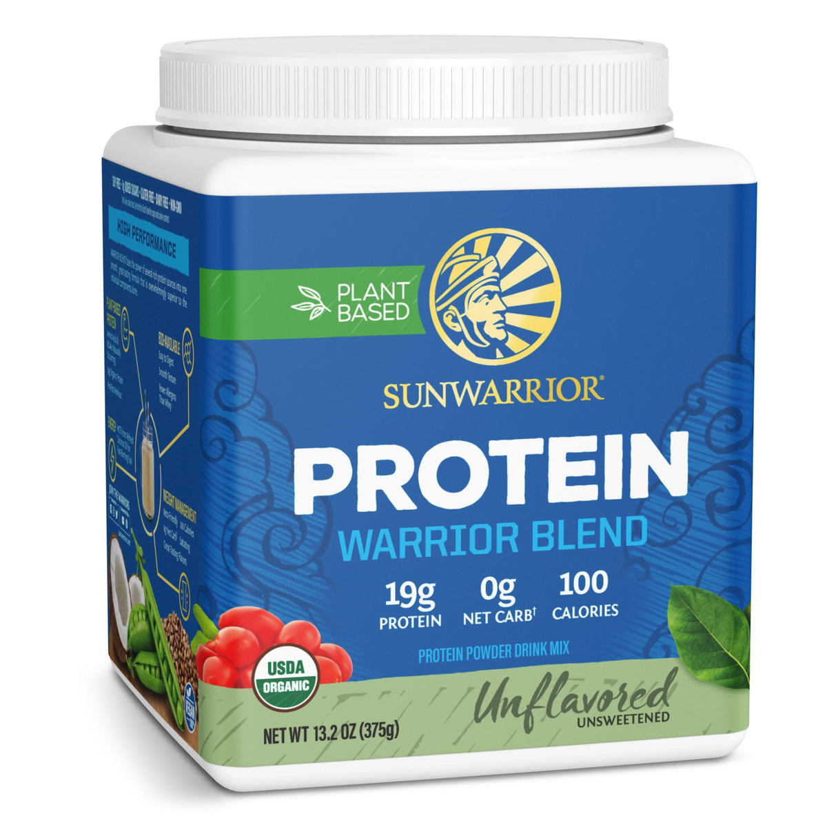 Sunwarrior proteína vegetal sin sabor en lata, apoyo a la recuperación muscular.