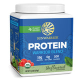 Sunwarrior proteína vegetal sin sabor en lata, apoyo a la recuperación muscular.