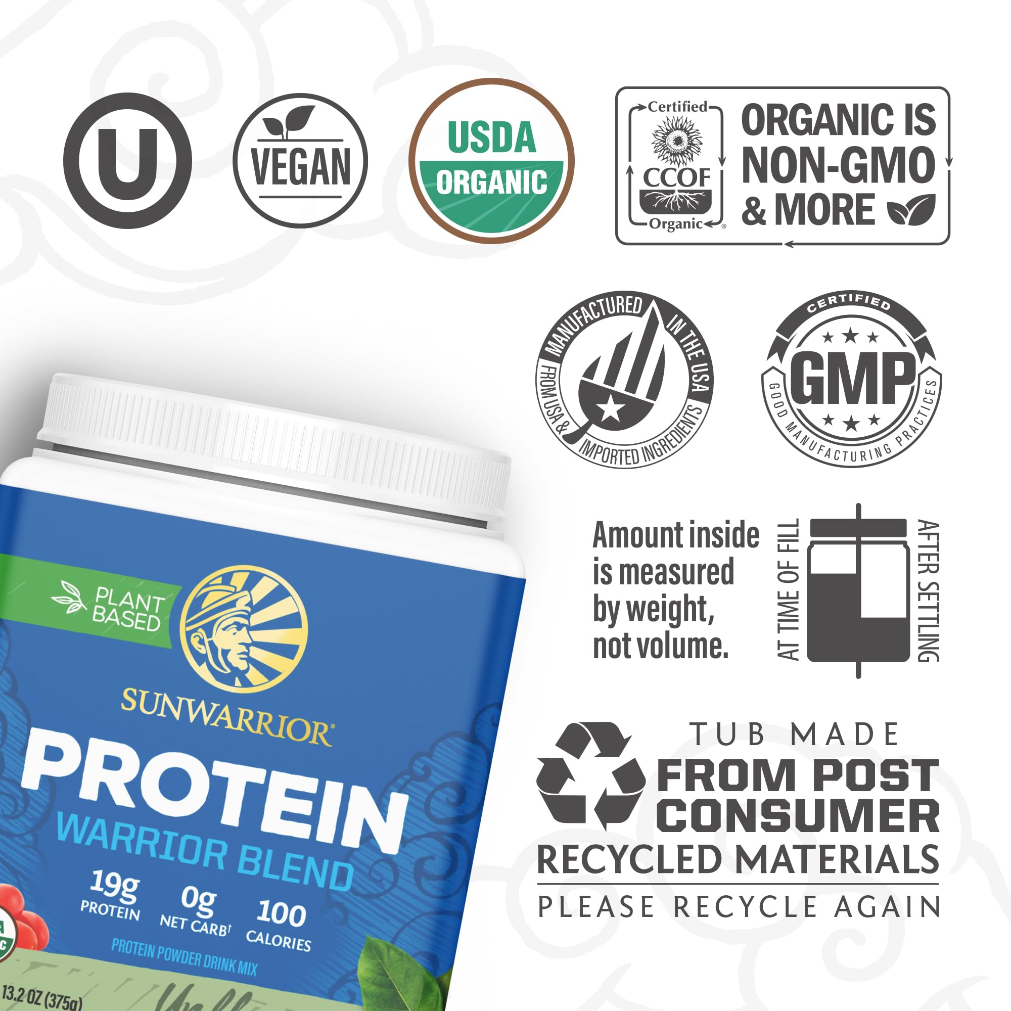Sunwarrior proteína vegetal sin sabor porción medidora para planificar comidas.