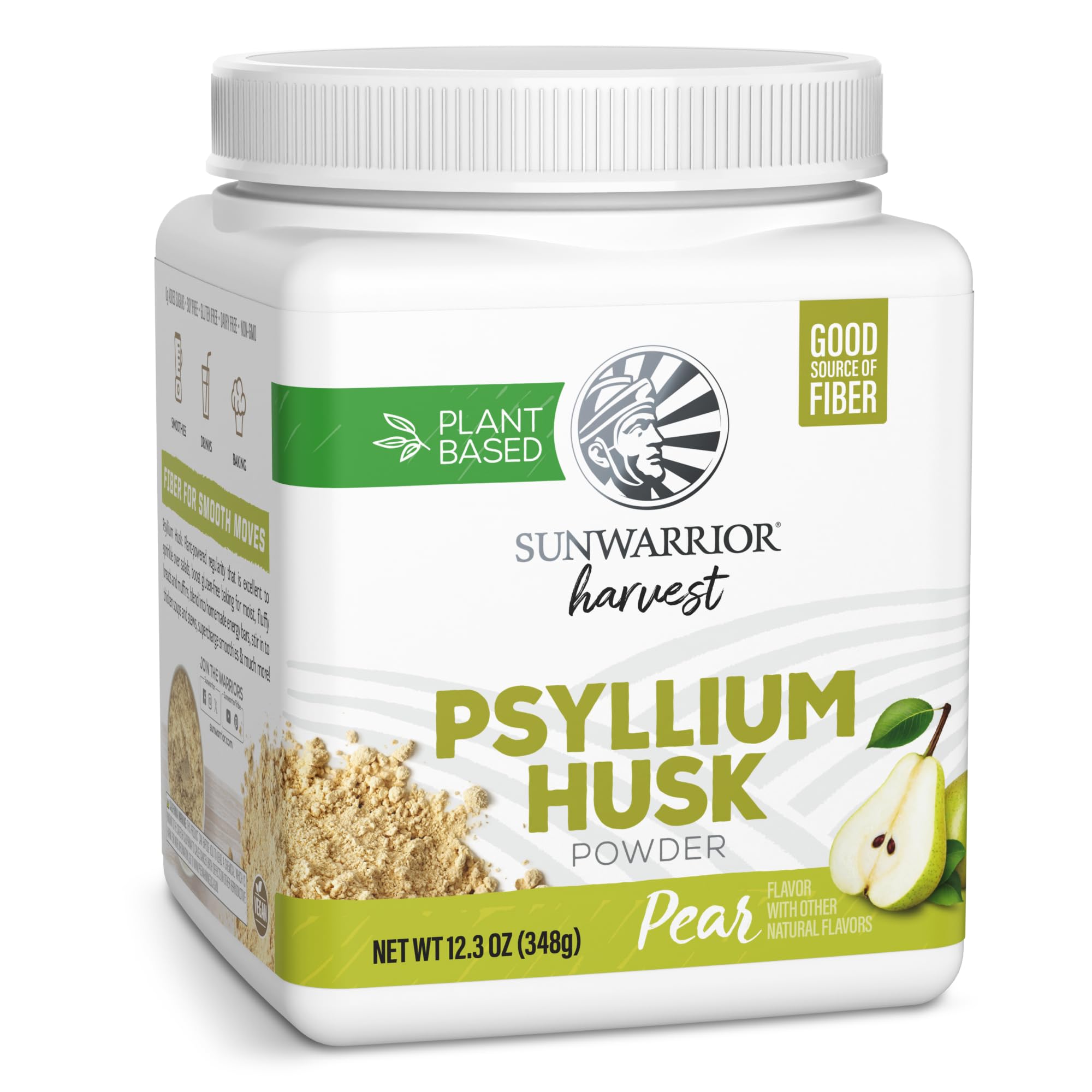 Sunwarrior Psyllium Husk en envase, fibra natural para regularidad diaria.