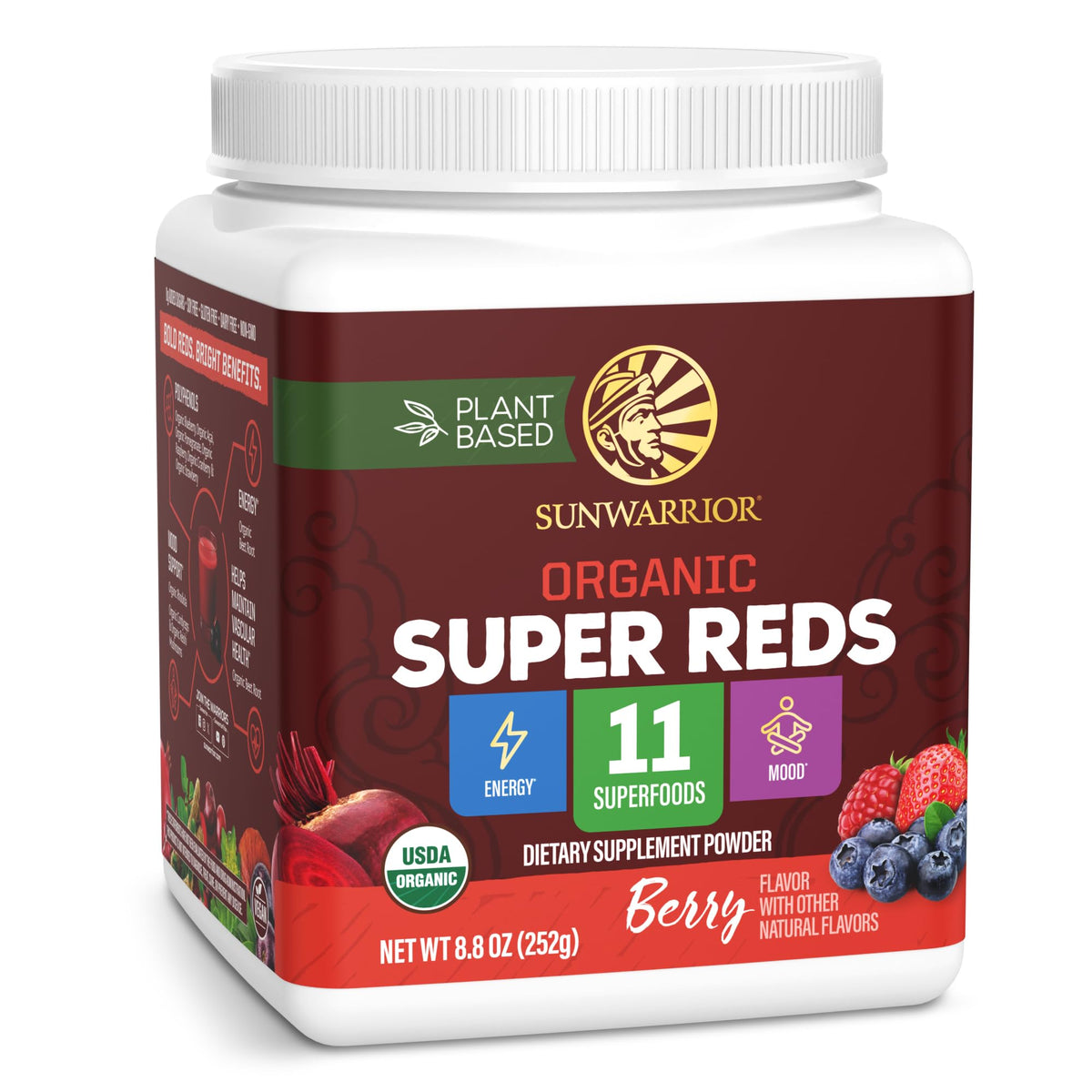 Sunwarrior Súper-Rojos Orgánico envase frontal, ideal para iniciar energía natural diaria.
