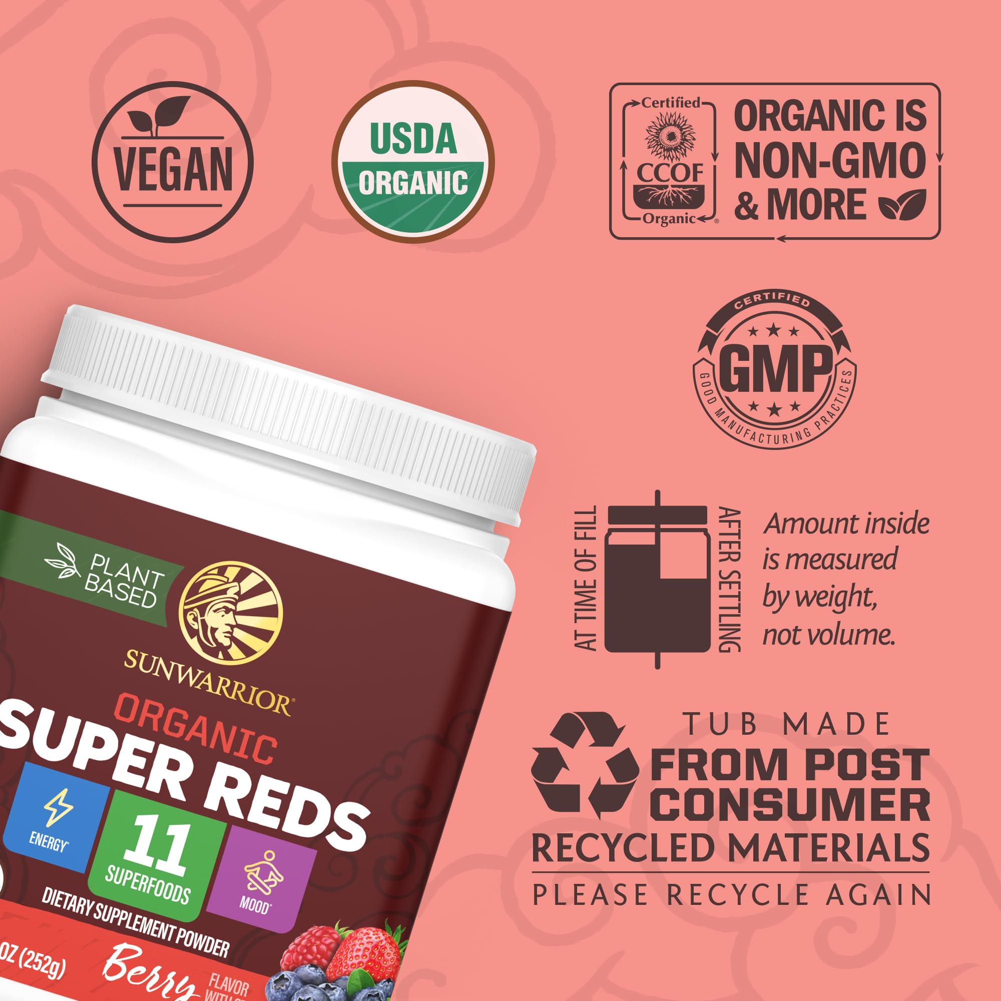 Sunwarrior Súper-Rojos Orgánico mezcla de frutas rojas para una nutrición concentrada.