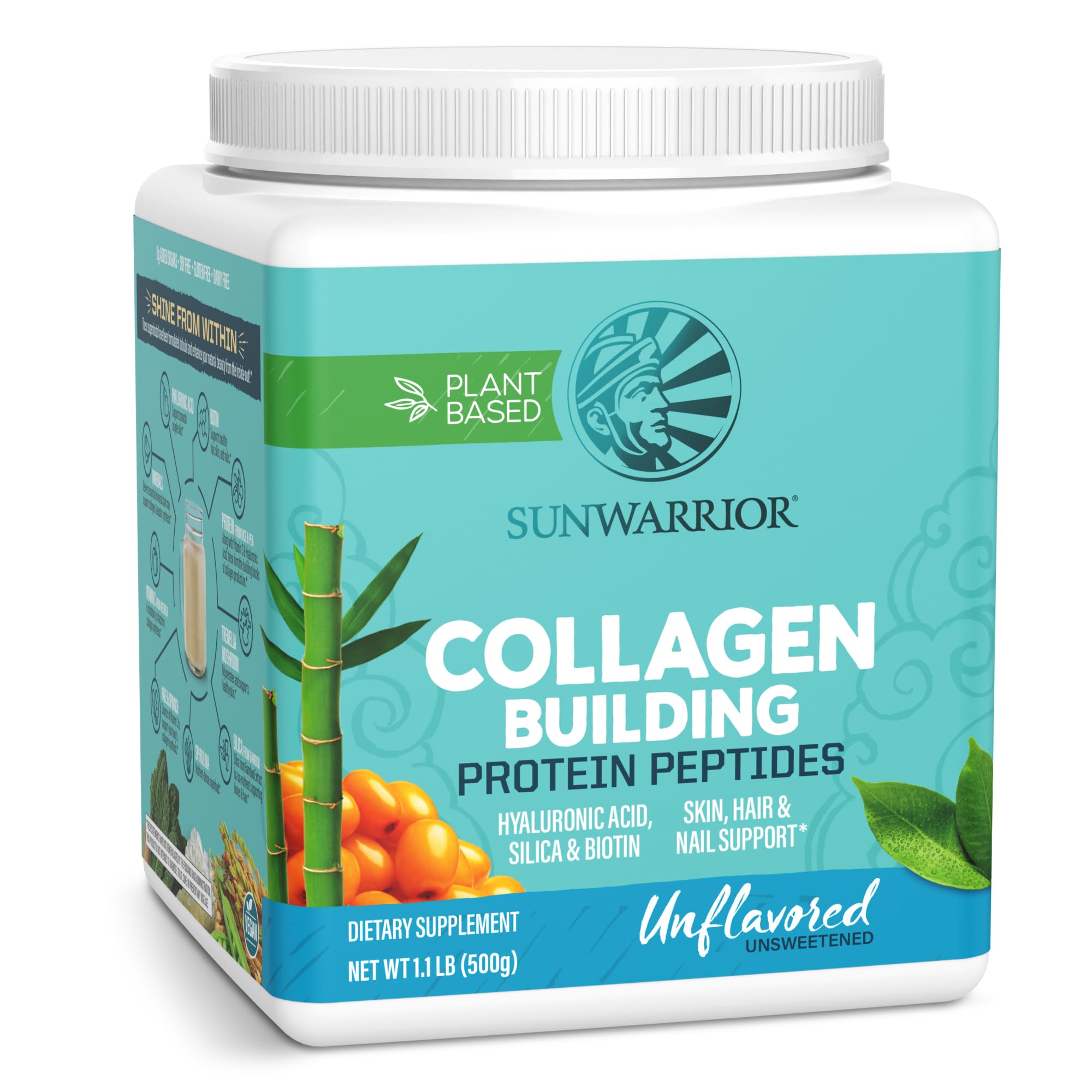 Sunwarrior Vegan Collagen Polvo, botella vertido, ideal para iniciar tu ritual diario de cuidado de la piel.