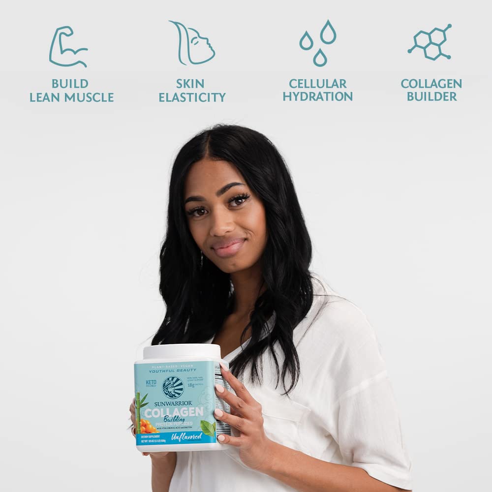 Sunwarrior Vegan Collagen Polvo, ingredientes a base de plantas, fórmula libre de lácteos y gluten.