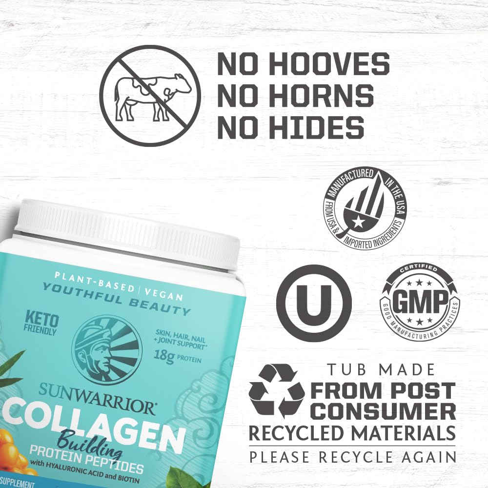 Sunwarrior Vegan Collagen Polvo, cuchara medidora, fácil de mezclar en batidos para energía diaria.