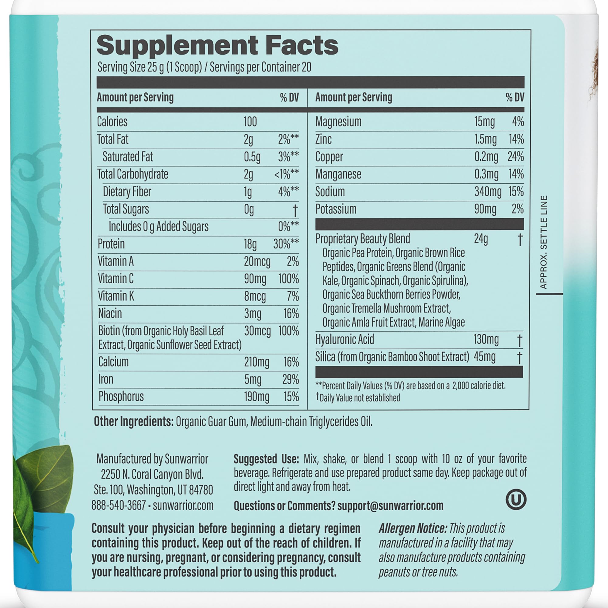 Sunwarrior Vegan Collagen Polvo, detalle de polvo en cuchara, fuente de aminoácidos para cabello fuerte.