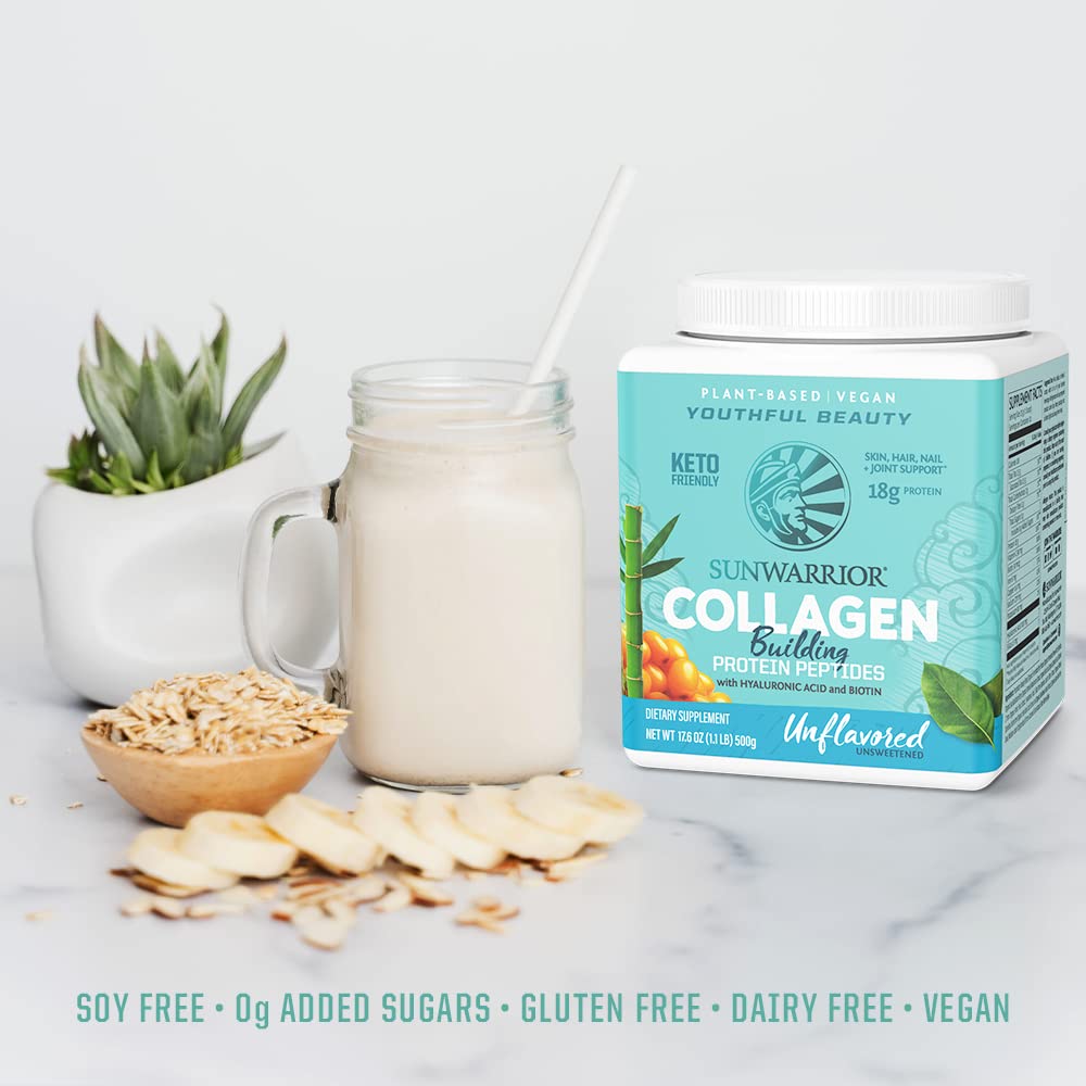 Sunwarrior Vegan Collagen Polvo, etiqueta sin sabor, mezcla neutra para tus recetas favoritas.