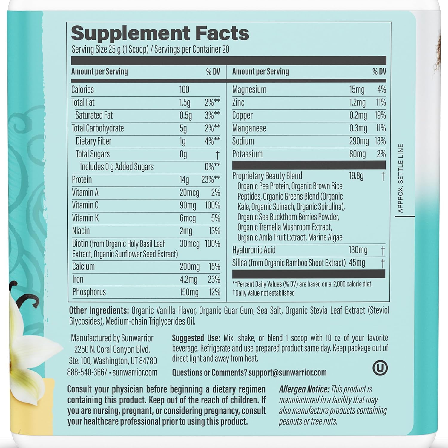 Sunwarrior Vegan Collagen Protein Powder vainilla, cuchara medidora lista para mezclar