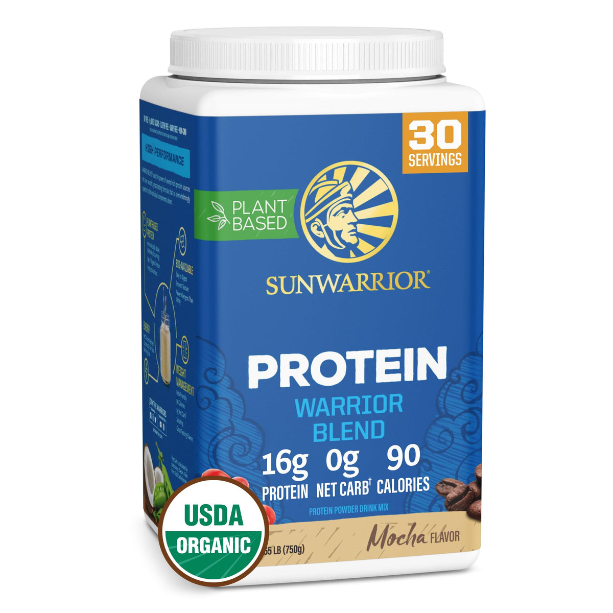 Sunwarrior Warrior Blend Mocha 750 g, envase visible, proteína vegetal de alto rendimiento para entrenos.