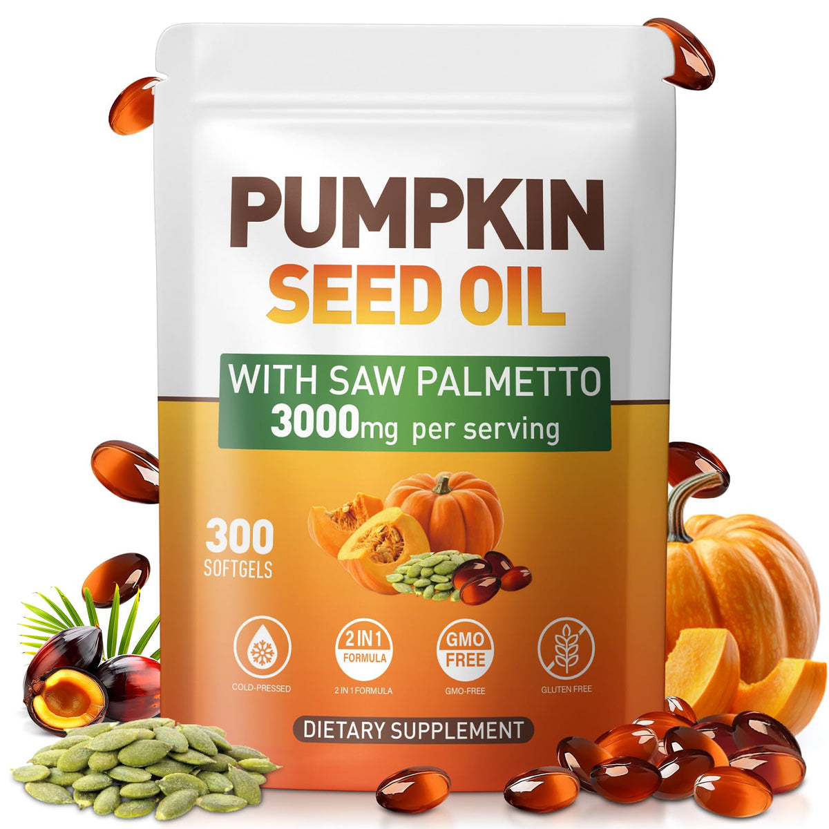 Cápsulas SUOOCH de aceite de calabaza en frasco, apoyo a la salud capilar potencial.